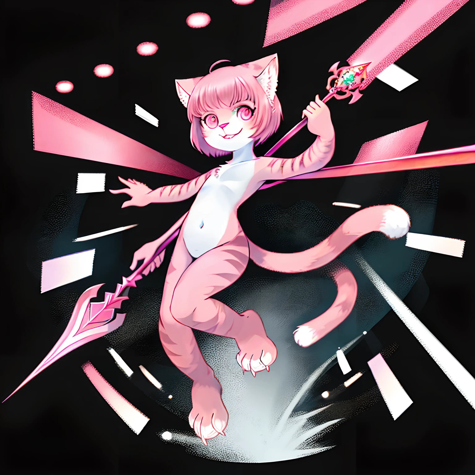 downy furry,,((loli)),PINKr,short hair ,PINK CATt eye, pink downy furry skin,PINK CAT ears, pink furry hand,PINK CAT tail,a strip of furry cat tail,furry CAT legs,furry CAT foot,furry face, furry torso,furry navel,furry lips,furry cat mouth,good anatomy,good artist,good quality,good detail,naked,full body,swordsman,Holding a Spear