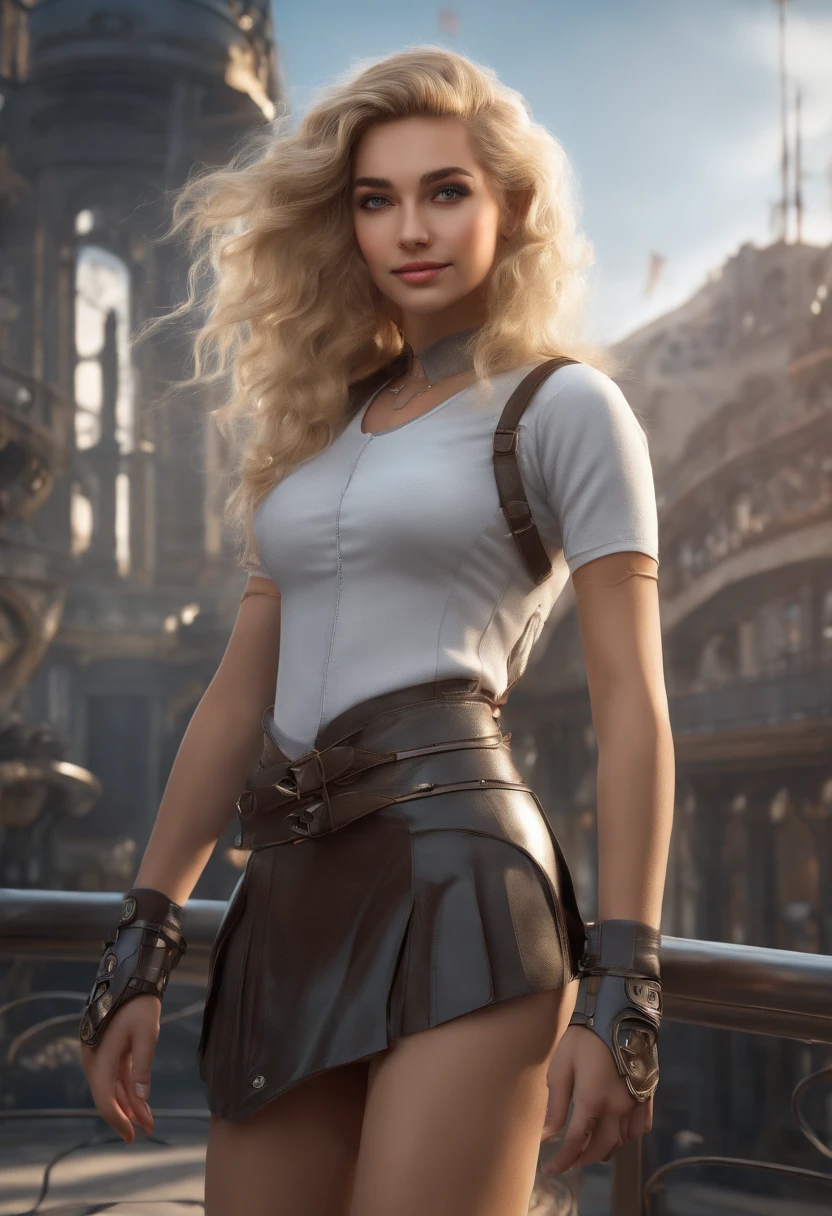 1 girl wears a top and mini skirt, und Hohe Stiefel ihre Haare sind Lang und Blond, gorgeous smile big, Hintergrund Wolken Sonne, Futuristische Stadt Cyberpunk, UHD, masterpiece, anatomically correct, textured skin, super detail, high details, high quality, best quality, highres, 8k
