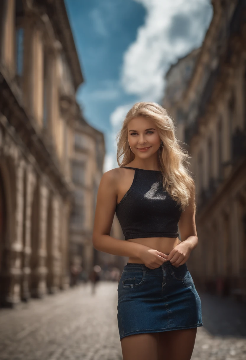 1 girl  wears a top and mini skirt, und Hohe Stiefel ihre Haare sind Lang und Blond, gorgeous smile big, Hintergrund  Wolken  Sonne, Futuristische Stadt  Cyberpunk, UHD, masterpiece, anatomically correct, textured skin, super detail, high details, high quality, best quality, highres, 8k