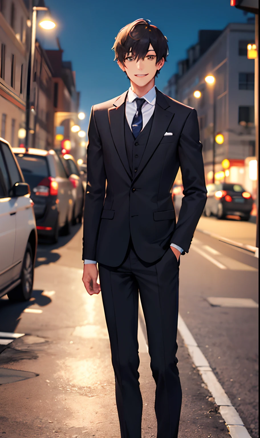Handsome young man with short black hair,wearing a suits,ssmile,Night on the road,K HD
