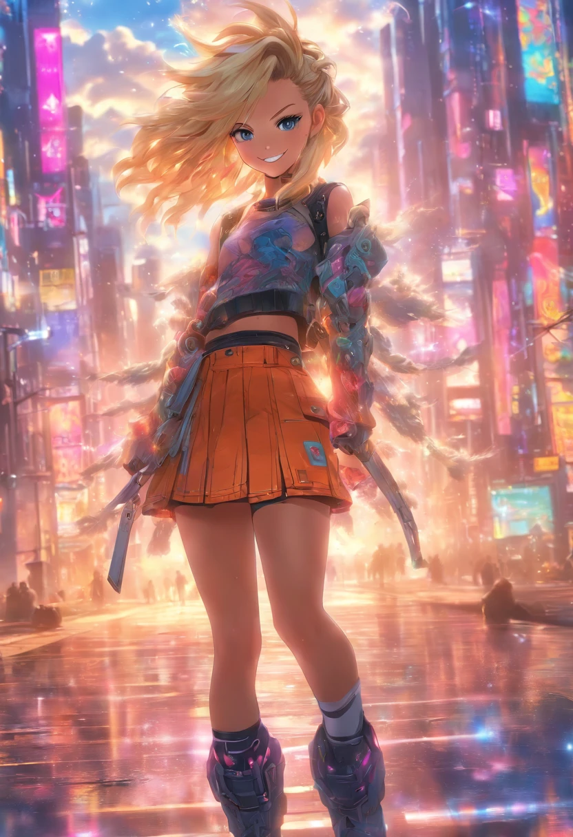 1 girl  wears a top and mini skirt, und Hohe Stiefel ihre Haare sind Lang und Blond, gorgeous smile big, Hintergrund  Wolken  Sonne, Futuristische Stadt  Cyberpunk, UHD, masterpiece, anatomically correct, textured skin, super detail, high details, high quality, best quality, highres, 8k