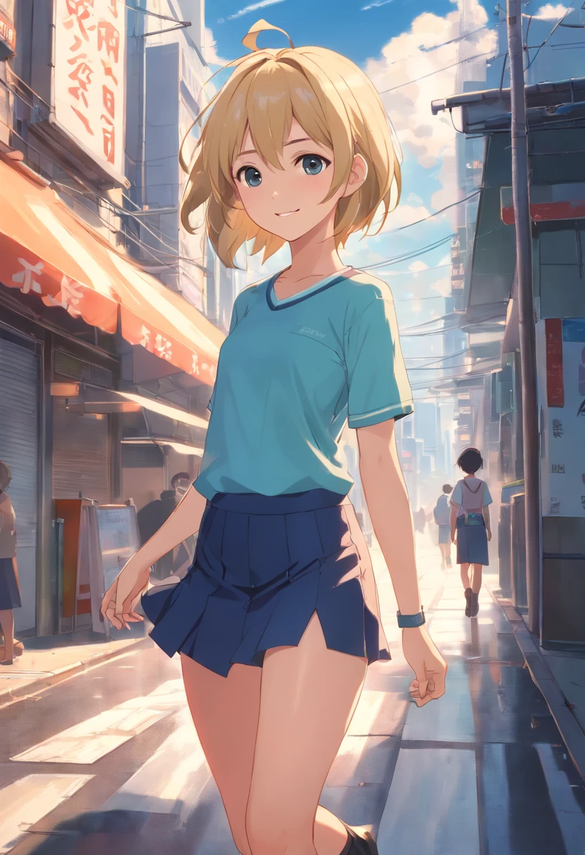 1 girl wears a top and mini skirt, und Hohe Stiefel ihre Haare sind Lang und Blond, gorgeous smile big, Hintergrund Wolken Sonne, Futuristische Stadt Cyberpunk, UHD, masterpiece, anatomically correct, textured skin, super detail, high details, high quality, best quality, highres, 8k