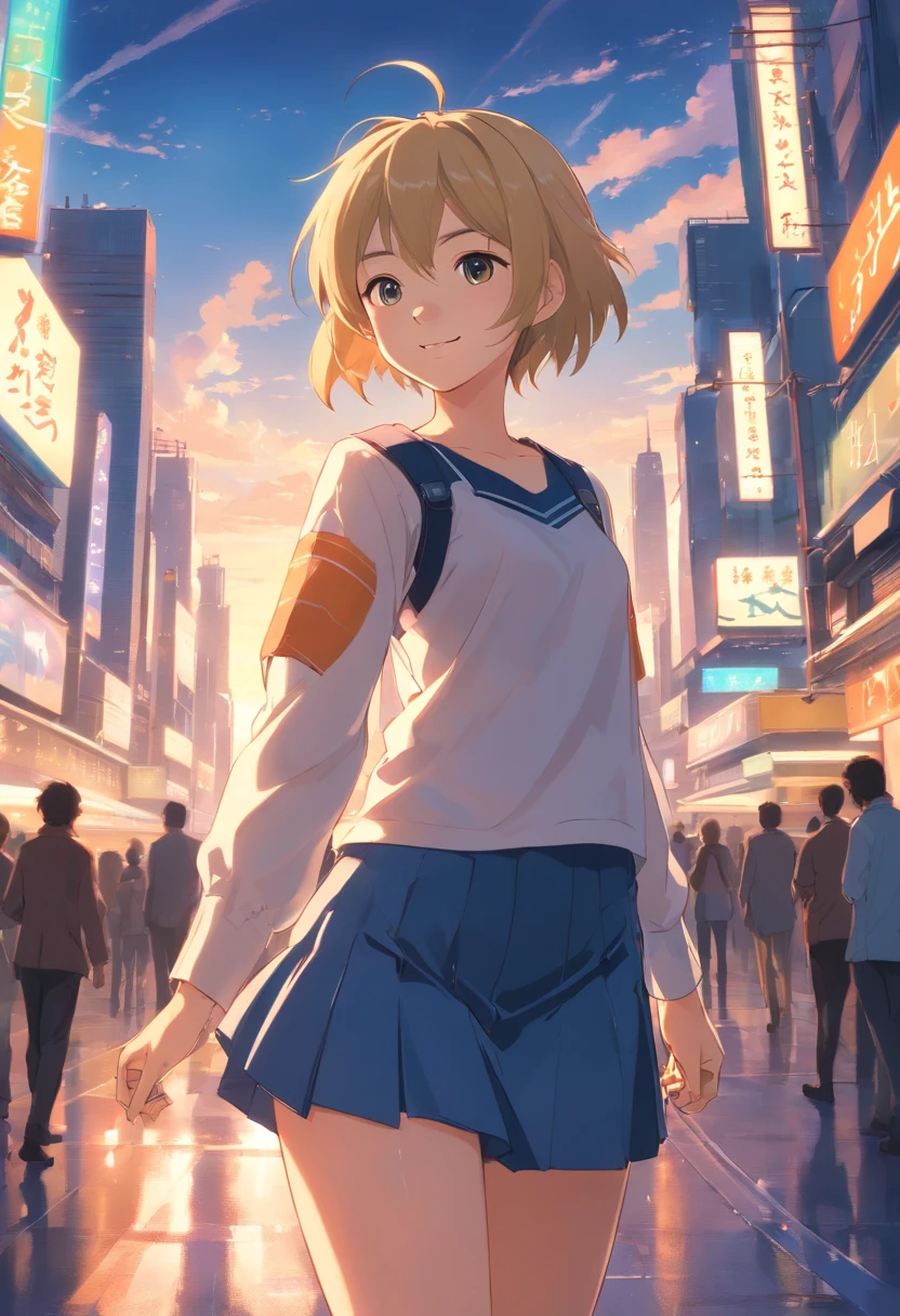 1 girl 15 years old wears a top and mini skirt, und Hohe Stiefel ihre Haare sind Lang und Blond, gorgeous smile big, Hintergrund Wolken Sonne, Futuristische Stadt Cyberpunk, UHD, masterpiece, anatomically correct, textured skin, super detail, high details, high quality, best quality, highres, 8k