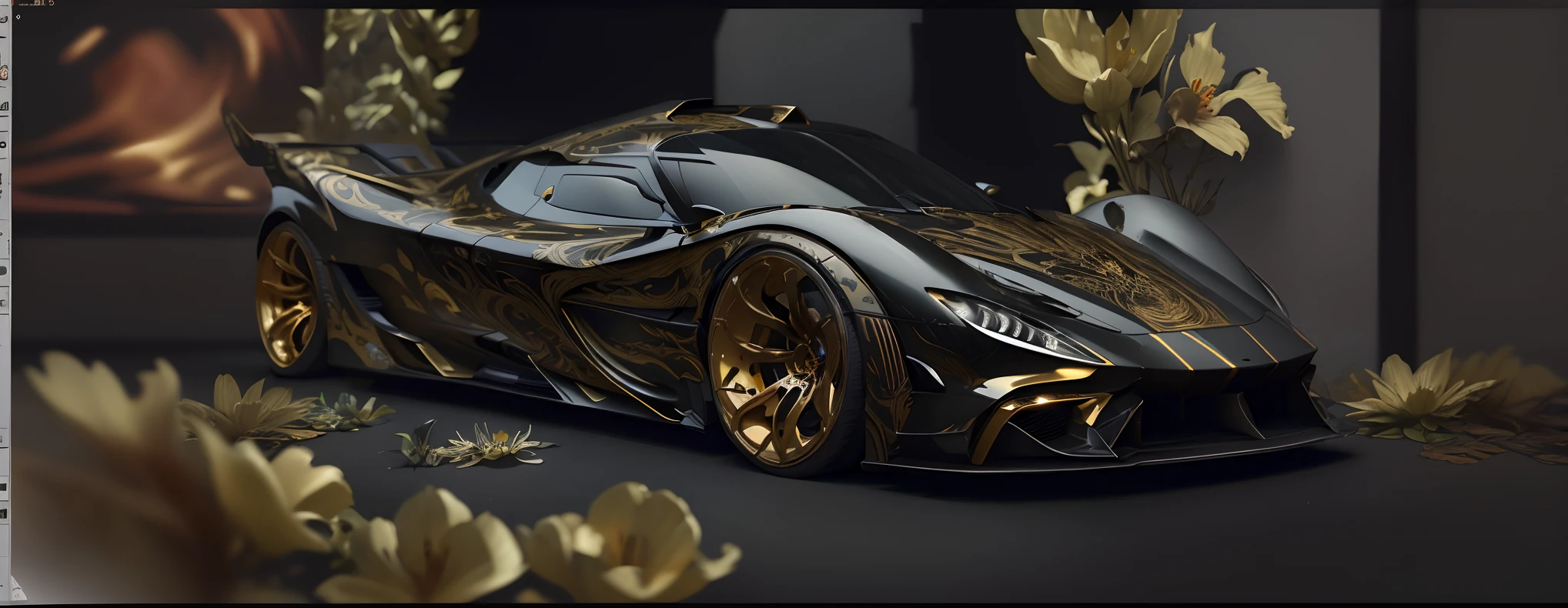Photo realistic future supercar design by Leonardo DaVinci, Masterpiece, Scandinavian Design, low styling with starry headlights in black and gold patterns with lilies, side view portrait, 20k resolution concept art portrait by Leonardo DaVinci, Artgerm, WLOP, Alphonse Mucha, Giuseppe Arcimboldo, intricate details, highly detailed;, dynamic lighting hyperdetailed intricately detailed, filagree, DaVinci knots, Splash art trending on Artstation triadic colors Unreal Engine 5 volumetric lighting, whole car intertwined body panels, overlay, car photography
