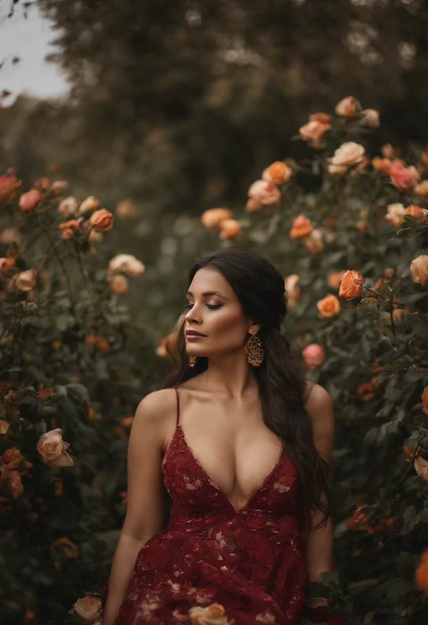 realistic view photography, (((naked))), (((33YO))), (((large-natural-breasts revealed))), (((POV view from above))), gorgeous, ONE-young-Bulgarian-woman, (((gorgeous-dark-black-very long-straight-ponytail-hair))), sitting on grass in full with roses tulips and exotic flowers garden, (((smooth skin))), (((gorgeous body))), green EYES