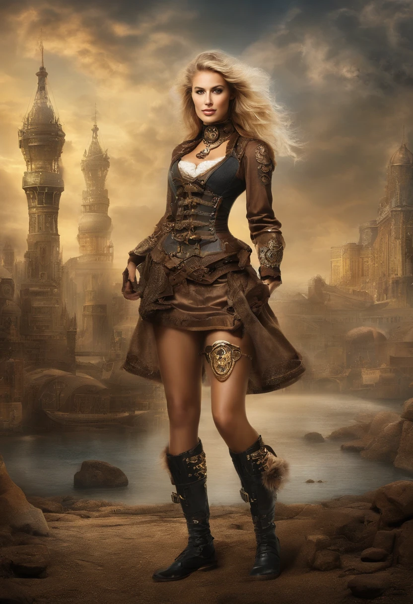 1 girl 15 years old wears a top and mini skirt, und Hohe Stiefel ihre Haare sind Lang und Blond, gorgeous smile big, Hintergrund Wolken Sonne, Futuristische Stadt Cyberpunk, UHD, masterpiece, anatomically correct, textured skin, super detail, high details, high quality, best quality, highres, 8k