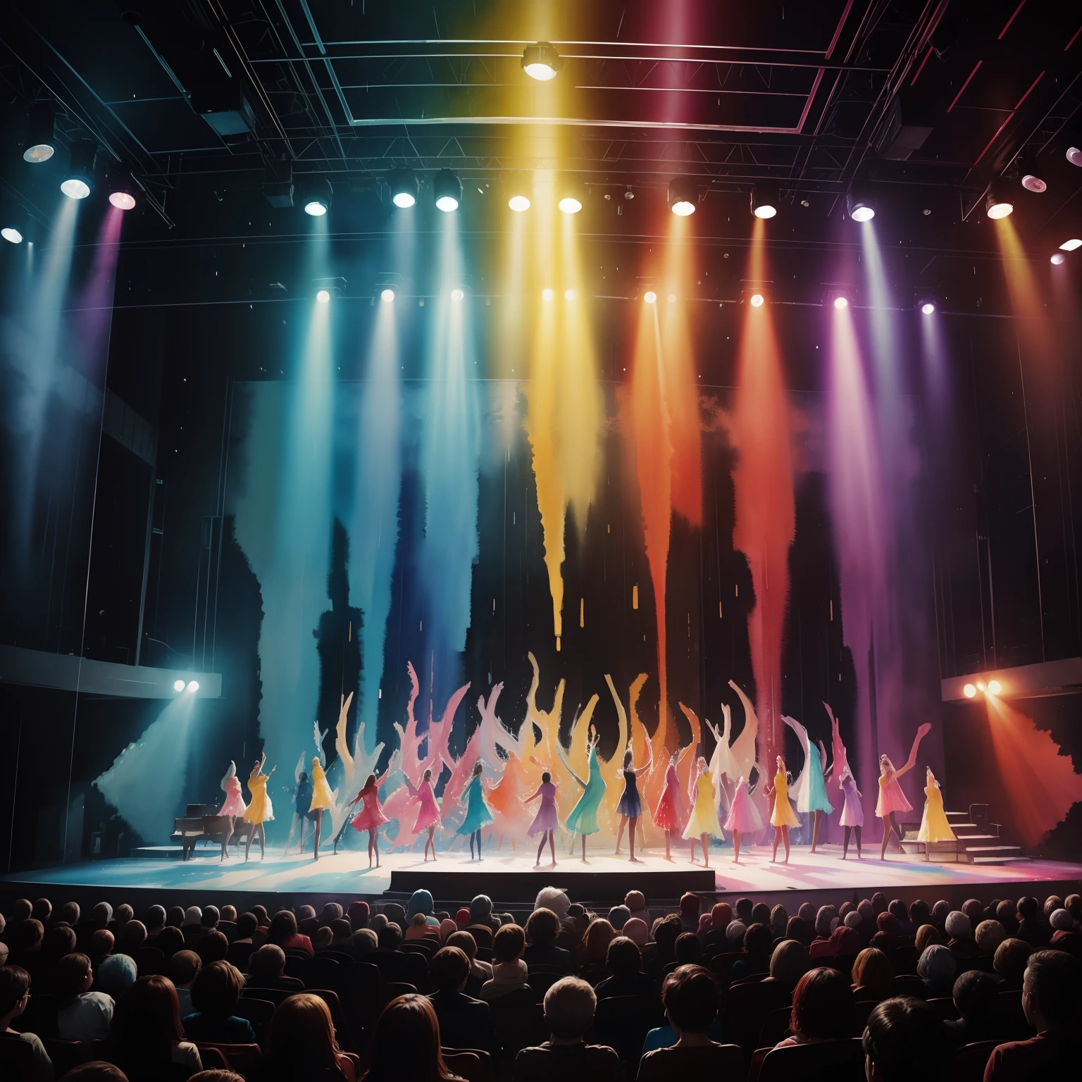 super high image, super detail, super high resolution, abstract painting, musical, actresses, dance, stage, lights, theater, audience, watercolor, wet on wet and sputtering technique, splash paint, clouds wet to wet techniques
