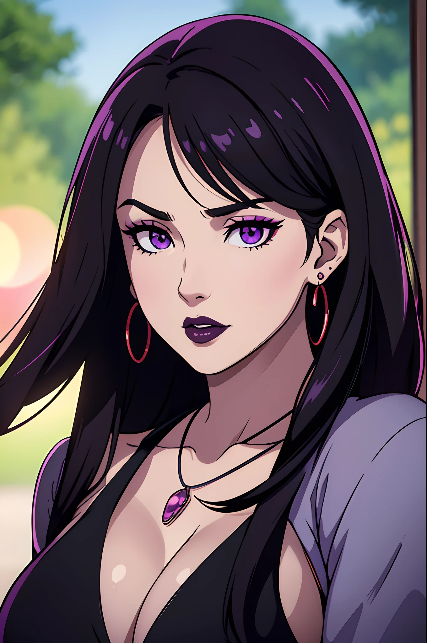 Photograph, Professional full-body, (detailed face and eye:1.4), purple eyes,deep cleavages, colorful, color photography of woman, (dark makeup), necklace, earrings, (dark lipstick), partered lips, sharp focus, focus on face, insanely sharp details, extremely detailed, gigantic breasts in frame, 4K HQ, 8K, depth of field, f/1.2, leica, 8K HDR, High contrast, highly retouch, shadows, bokeh, award winning photography, best photographers.