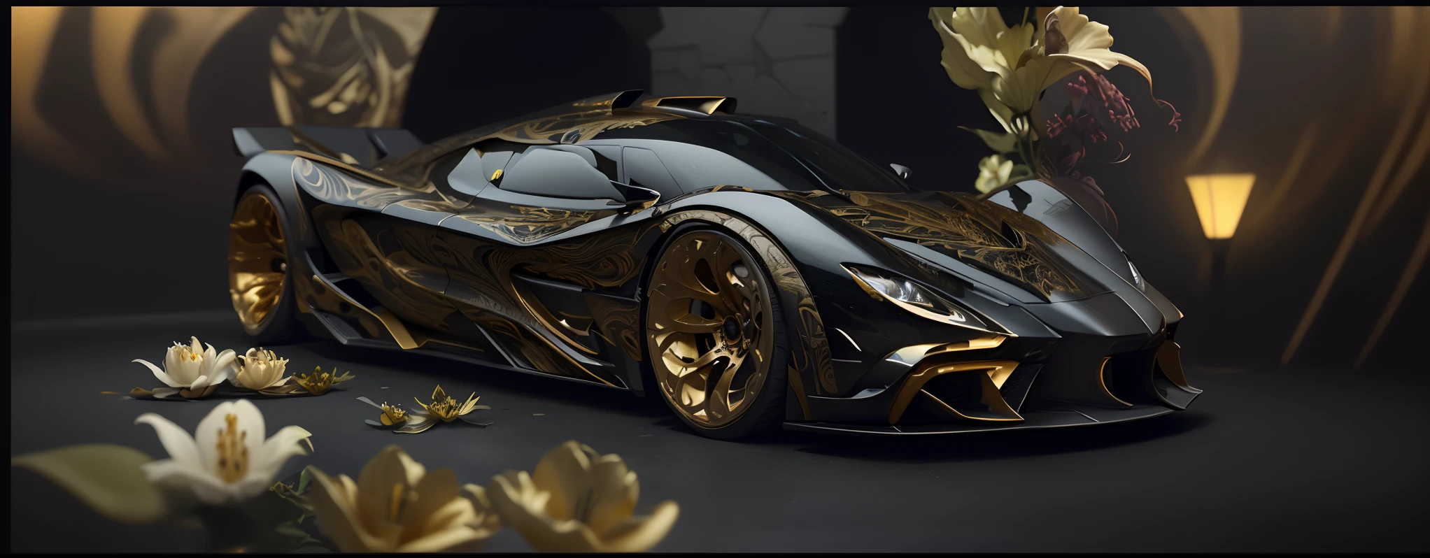 Photo realistic future supercar design by Leonardo DaVinci, Masterpiece, Scandinavian Design, low styling with starry headlights in black and gold patterns with lilies, side view portrait, 20k resolution concept art portrait by Leonardo DaVinci, Artgerm, WLOP, Alphonse Mucha, Giuseppe Arcimboldo, intricate details, highly detailed;, dynamic lighting hyperdetailed intricately detailed, filagree, DaVinci knots, Splash art trending on Artstation triadic colors Unreal Engine 5 volumetric lighting, whole car intertwined body panels, overlay, car photography