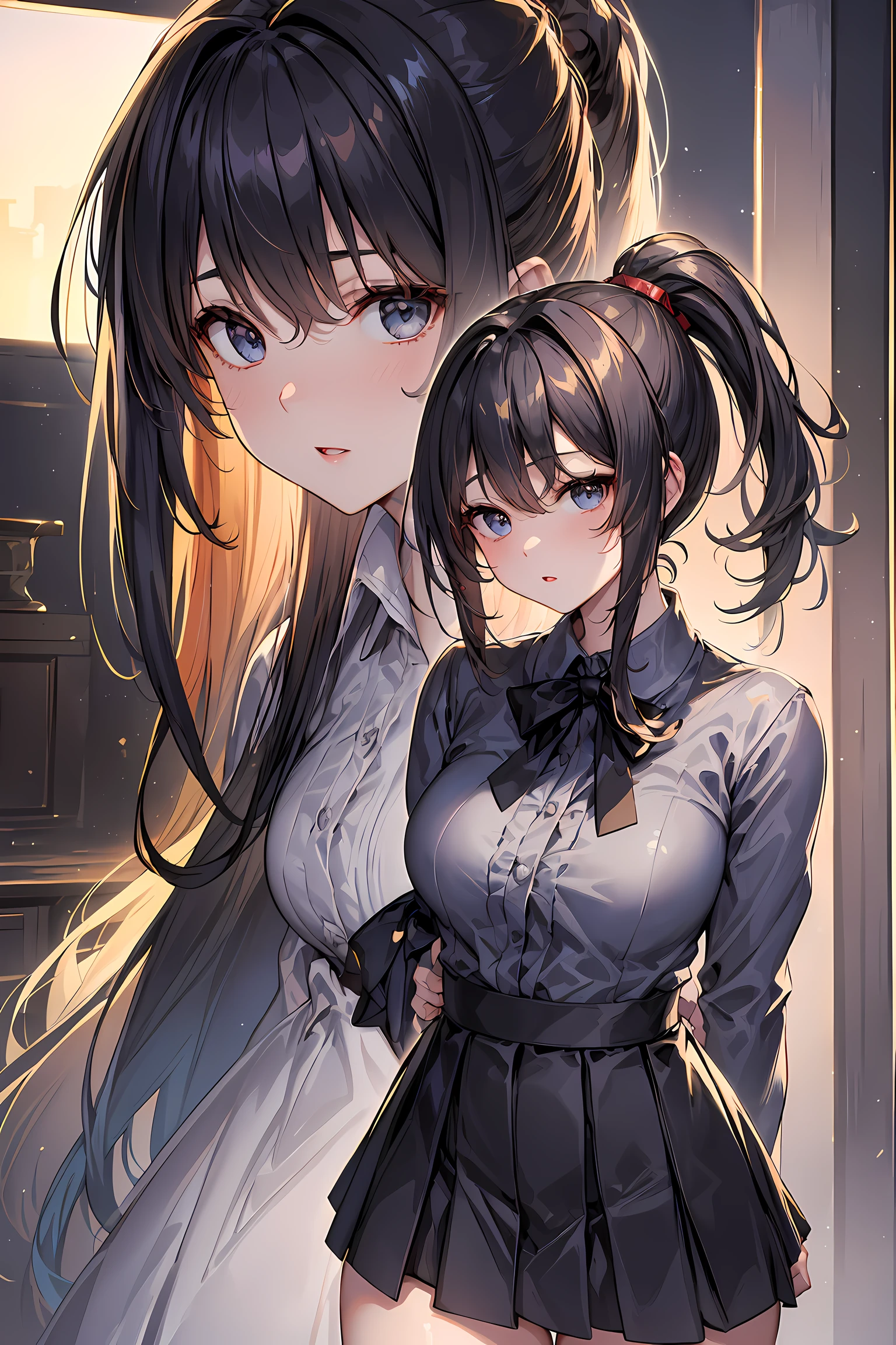 (1girl:1.3, solo), (a extremely pretty and beautiful Japanese woman), (sexy girl), (professional attire:1.3), (22 years old: 1.1), (from below:1.3), (low angle:1.3), (ground level shot:1.3), (girl on top:1.3), (arms behind back between legs:1.3), (attractive random posing:1.3), (in the queenroom:1.3), (starring at you:1.3), break, (bobble ponytail:1.3), (shiny-black thin hair:1.2), bangs, dark brown eyes, beautiful eyes, princess eyes, (big eyes:1.3), bangs, Hair between eyes, short hair:1.3, (slender:1.1), (small-medium-breasts:0.95), (thin waist: 1.15), (detailed beautiful girl: 1.4), Parted lips, Red lips, full-make-up face, (shiny skin), ((Perfect Female Body)), (Upper Body Image:1.3), Perfect Anatomy, Perfect Proportions, (most beautiful Korean actress face:1.3, extremely cute and beautiful Japanese actress face:1.3), BREAK, (View viewer, wearing a school girl uniform, (insanely detailed collared sailor shirt:1.3, long-sleeve:1.3), (black box-skirt:1.3), detailed clothes, BREAK, (detailed classy queenroom background:1.2), (dark background), (Studio soft lighting: 1.3), (fake lights: 1.3), (backlight: 1.3), BREAK, (Realistic, Photorealistic: 1.37), (Masterpiece, Best Quality: 1.2), (Ultra High Resolution: 1.2), (RAW Photo: 1.2), (Sharp Focus: 1.3), (Face Focus: 1.2), (Ultra Detailed CG Unified 8k Wallpaper: 1.2), (Beautiful Skin: 1.2), (pale Skin: 1.3), (Hyper Sharp Focus: 1.5), (Ultra Sharp Focus: 1.5), (Beautiful pretty face: 1.3), (super detailed background, detail background: 1.3), Ultra Realistic Photo, Hyper Sharp Image, Hyper Detail Image,