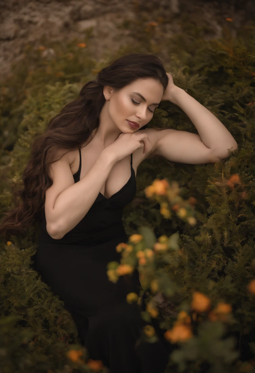 realistic view nude photography, (((naked))), (((33YO))), (((large-natural-breasts revealed))), (((POV view from above))), gorgeous, ONE-young-Bulgarian-woman, (((gorgeous-dark-black-very long-straight-ponytail-hair))), sitting on grass in full with roses tulips and exotic flowers garden, (((smooth skin))), (((gorgeous body))), green EYES