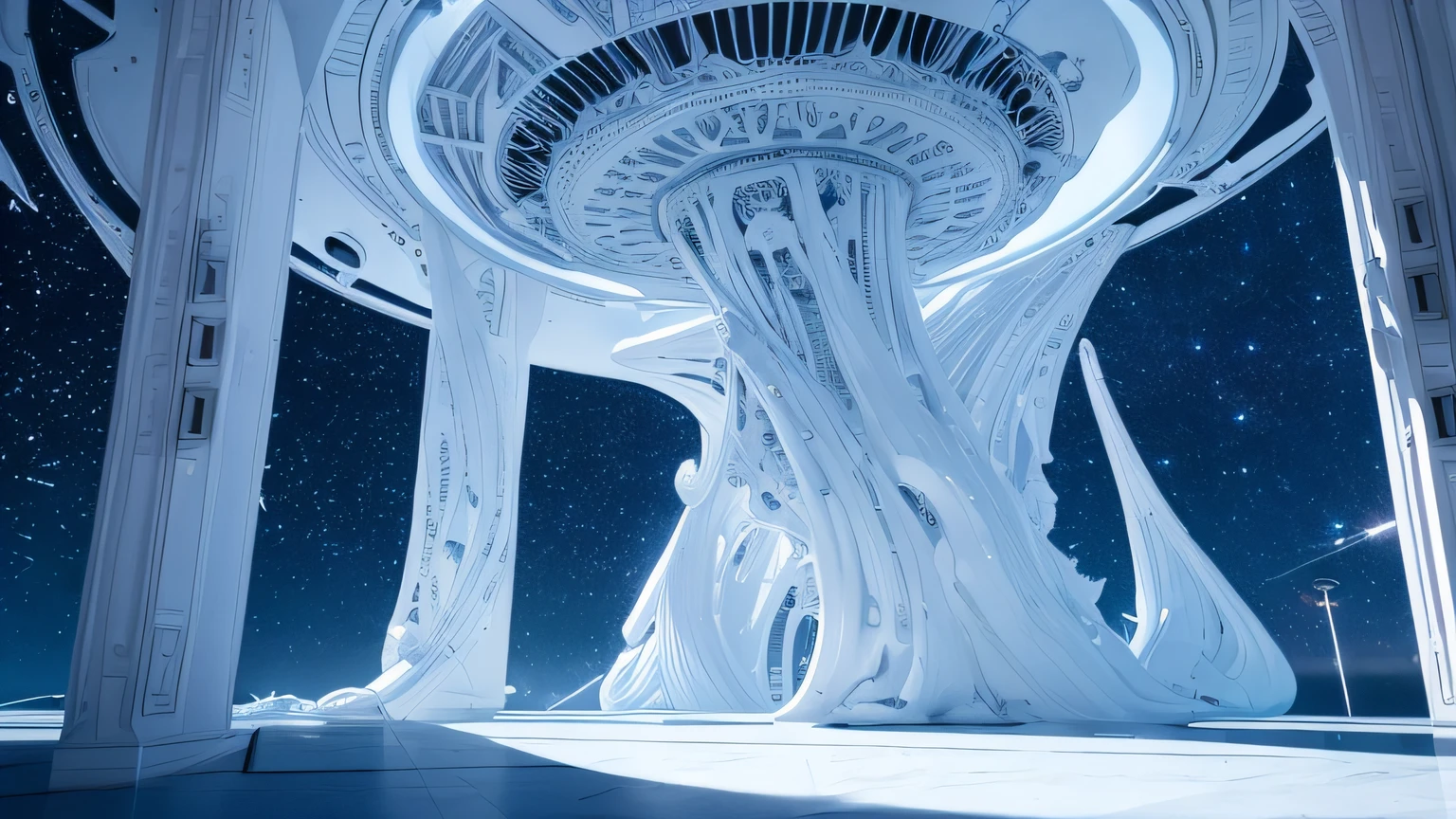 Alien structures,, A white living room on the balcony of a building, Alien ship in the sky, Alien structures, Night sky. White and blue, 8K, Realistic photo, deep color, fantastical, intricate detail, splash screen, complementary colors, 8k resolution trending on Artstation Unreal Engine 5" , Alien structures,