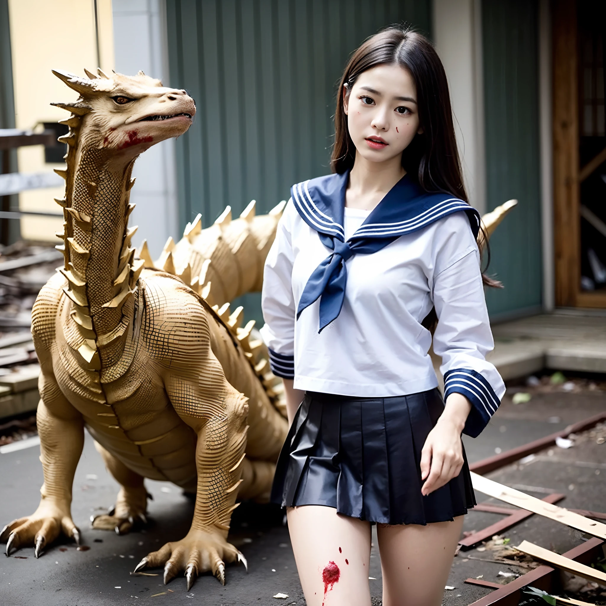 (in 8K、RAW Photos、top-quality、masterpiece:1.2)、(realisitic、Photorealsitic:1.37)、ultra-detailliert、超A high resolution、(King Ghidorah、Golden Dragon:1.2)、Beautiful 15-year-old high school girl in Japan attacked by giant King Ghidorah in devastated Tokyo、terrified expression、School Uniforms、Schoolgirl Uniform、(Torn and dirty tattered sailor suit:1.2)、disheveled clothing、ripped fabric、(Clothes with blood stains:1.2)、Short pleated skirt、(Torn skirt:1.2)、Dirty hair、smudged face、(skin stained with blood and dust:1.2)、Running through the rubble、building crumbling、Burning flame、stunningly beautiful face、dynamic ungle、动态照明