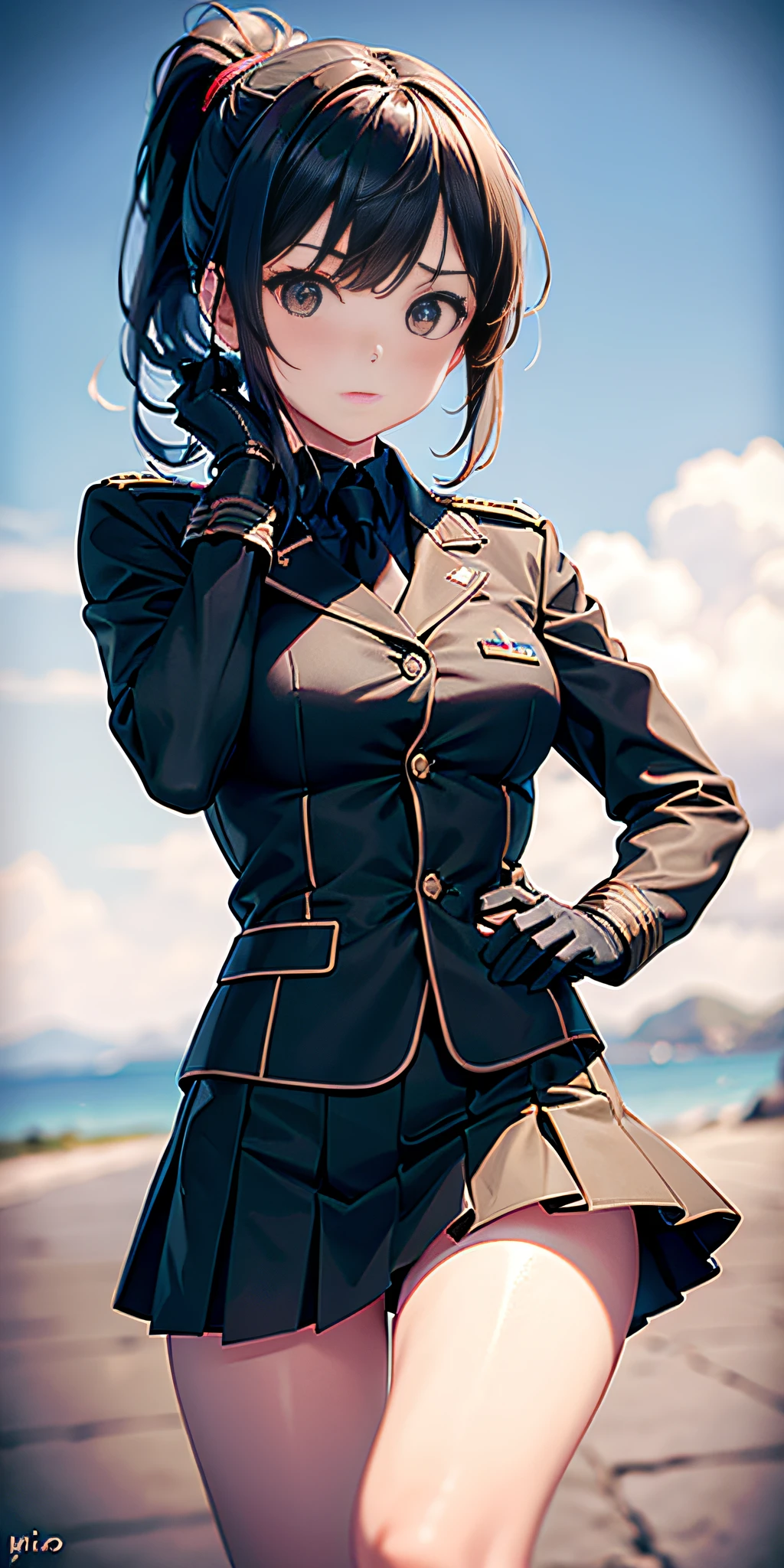 only 1 girl, folded_ponytail, guantes, pistola, militar, nano_miniskirt de mitad de largo en military_uniform, rifle, cielo, solo, upper_body, arma mirando al espectador, obra maestra, mejor calidad,