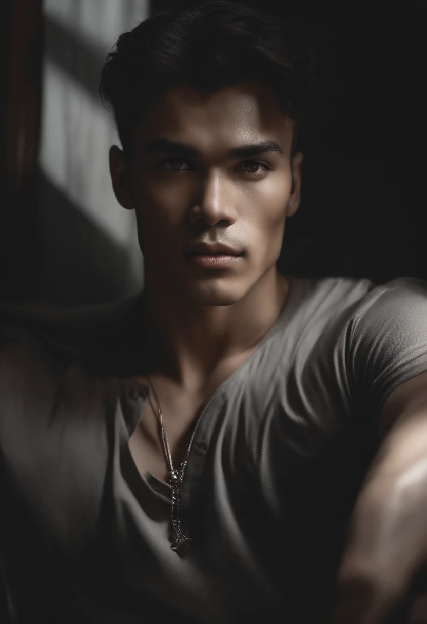 (best quality,ultra-detailed,high resolution,masterpiece:1.2),detailed portrait of a man with extraordinary physique,(realistic,photo-realistic:1.37),casual attire, black V neck tee, epic scene,dark aeshtetic,Japanese artist Rumiko's interpretation of 90s and 80s retro style,fine brushwork,evocative atmosphere,moody lighting,strong contrast, vivid colors,multiple focus points,impeccable attention to facial features and musculature,seamless blending of traditional and contemporary influences,expressive eyes and lips,captivating gaze,impressive body proportions,intricately crafted clothing inspired by the 90s and 80s fashion,confident and charismatic posture,memorable and nostalgic flair.