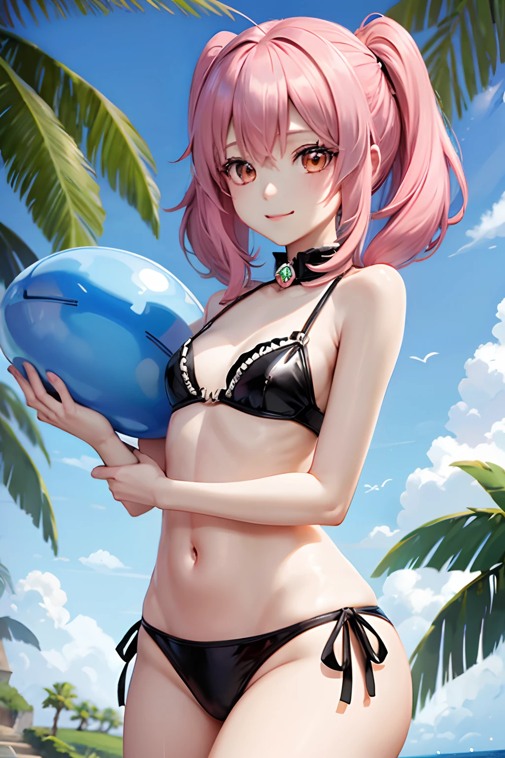 1female、When I was reincarnated, I was a slime character（Mirim）、​masterpiece、top-quality、precise、animesque、Demon King Mirim、A pink-haired、Twin-tailed、Black Bikini Armor、small tits、a smile、