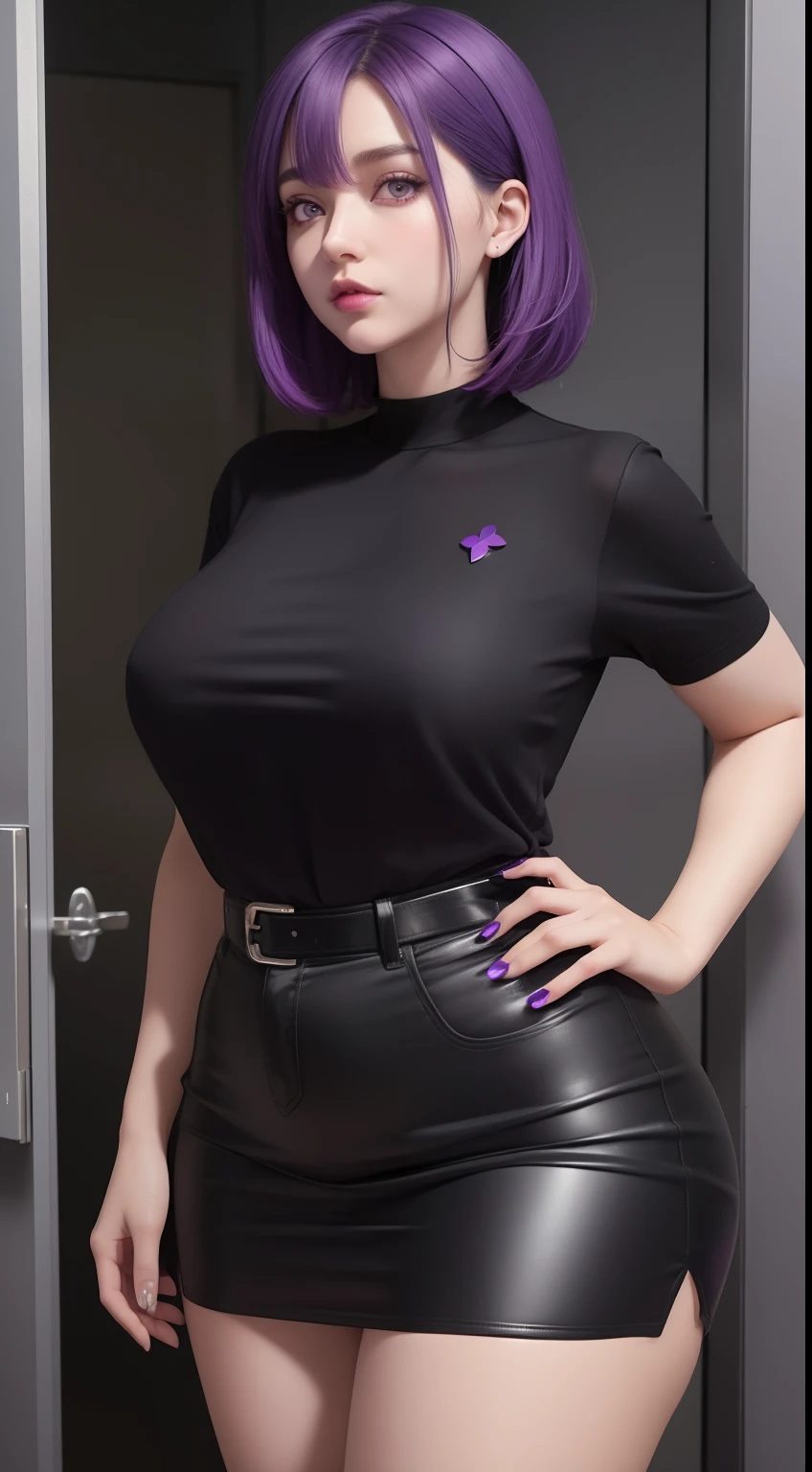 girl with purple hair and black shirt, (sfw) safe for work, 4 k, seductive girl, thicc, female protagonist 👀 :8, masterpiece, best quality,8k, purple eyes, purple hair, short hair,black shirt,black skirt,open the door