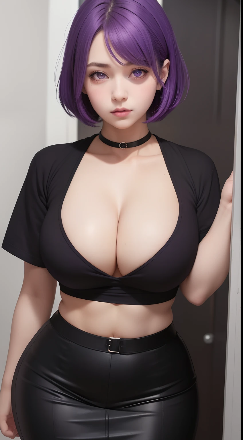 girl with purple hair and black shirt, (sfw) safe for work, 4 k, seductive girl, thicc, female protagonist 👀 :8, masterpiece, best quality,8k, purple eyes, purple hair, short hair,black shirt,black skirt,open the door