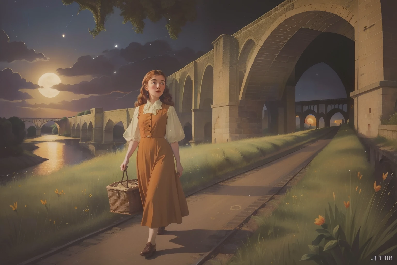 Year: 1944. Location: France. pre-raphaelite frenchwoman with honey hair and a summer dress, walking through a ((viaduct)), scheming, ((nighttime)) ((very dark)), ((rural deserted area)), full moon, ((worried look)) ((1940s colorful clothes)) ((1940s hairstyle)) ((in the style of "OMITB")) ((cinematic style))