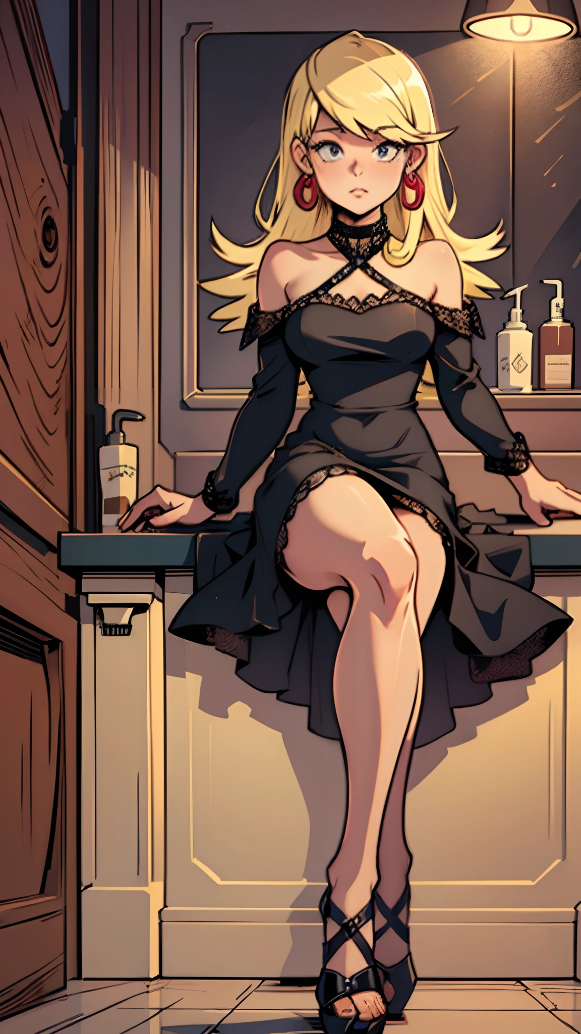 ((masterpiece, best quality)),solo,1girl, leniloud, leni loud, blonde hair, highres, detailed, soft lighting, long hair, red earloops,lying in the bathroom, black luxurious dress, in a bar, high heels