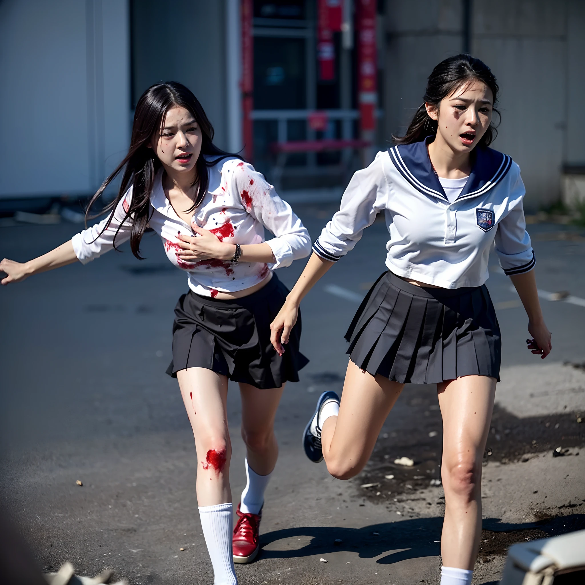 (in 8K、RAW Photos、top-quality、​masterpiece:1.2)、(realisitic、Photorealsitic:1.37)、ultra-detailliert、超A high resolution、(Godzilla:1.2)、Beautiful 15-year-old high school girl in Japan attacked by Godzilla in devastated Tokyo、terrified expression、School Uniforms、Schoolgirl Uniform、(Torn and dirty tattered sailor suit:1.2)、disheveled clothing、ripped fabric、(Clothes with blood stains:1.2)、Short pleated skirt、(Torn skirt:1.2)、Dirty hair、smudged face、(skin stained with blood and dust:1.2)、Running through the rubble、building crumbling、Burning flame、stunningly beautiful face、dynamic ungle、动态照明
