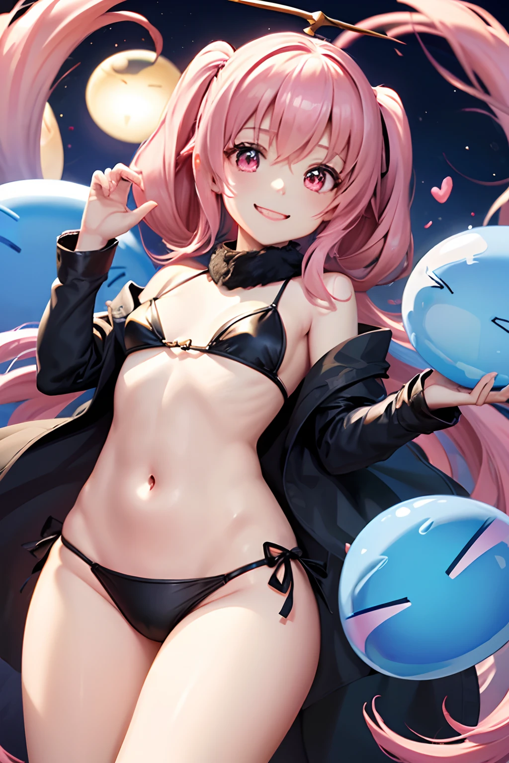 1female、When I was reincarnated, I was a slime character（Mirim）、​masterpiece、top-quality、precise、animesque、Demon King Mirim、A pink-haired、Twin-tailed、Black Bikini Armor、small tits、a smile、