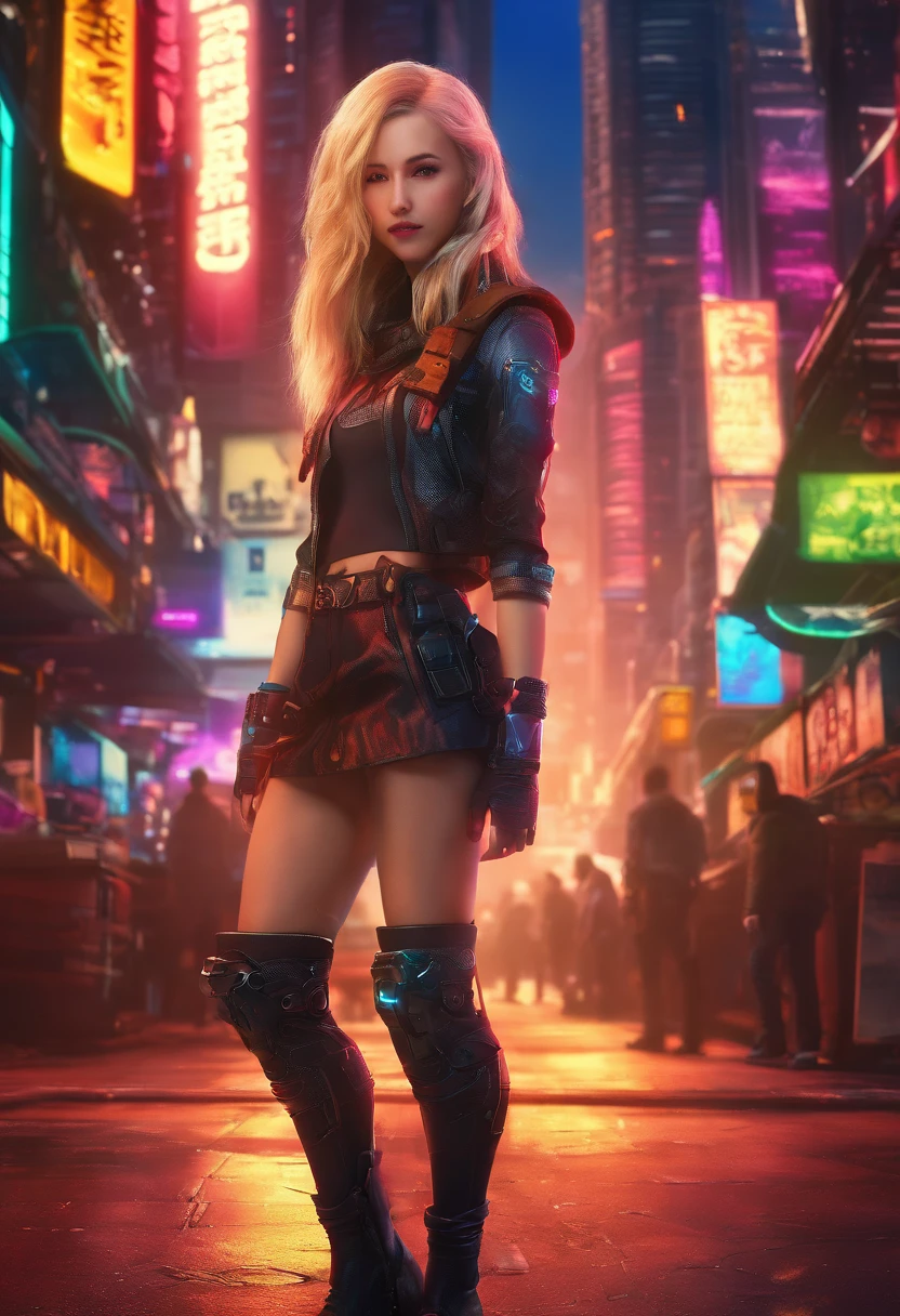 1 girl wears a top and mini skirt, und Hohe Stiefel ihre Haare sind Lang und Blond, gorgeous smile big, Hintergrund Wolken Sonne, Futuristische Stadt Cyberpunk, UHD, masterpiece, anatomically correct, textured skin, super detail, high details, high quality, best quality, highres, 8k