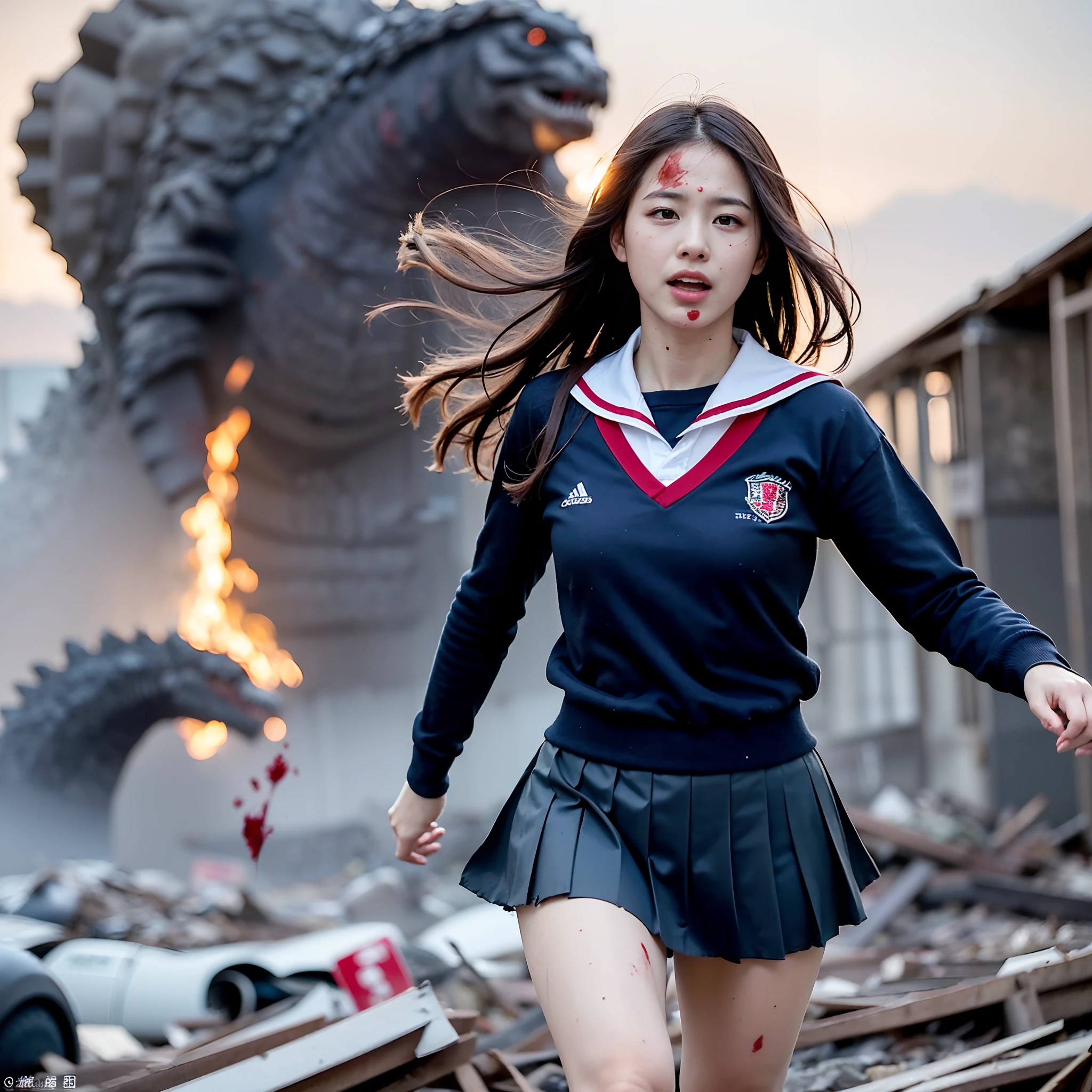 (in 8K、RAW Photos、top-quality、​masterpiece:1.2)、(realisitic、Photorealsitic:1.37)、ultra-detailliert、超A high resolution、(Godzilla:1.2)、Beautiful -yeld hischool girl in Japan attacked by Godzilla in devastated Tokyo、terrified expression、School Uniforms、Schoolgirl Uniform、(Torn and dirty tattered sailor suit:1.2)、disheveled clothing、ripped fabric、(Clothes with blood stains:1.2)、Short pleated skirt、(Torn skirt:1.2)、Dirty hair、smudged face、(skin stained with blood and dust:1.2)、Running through the rubble、building crumbling、Burning flame、stunningly beautiful face、dynamic ungle、动态照明