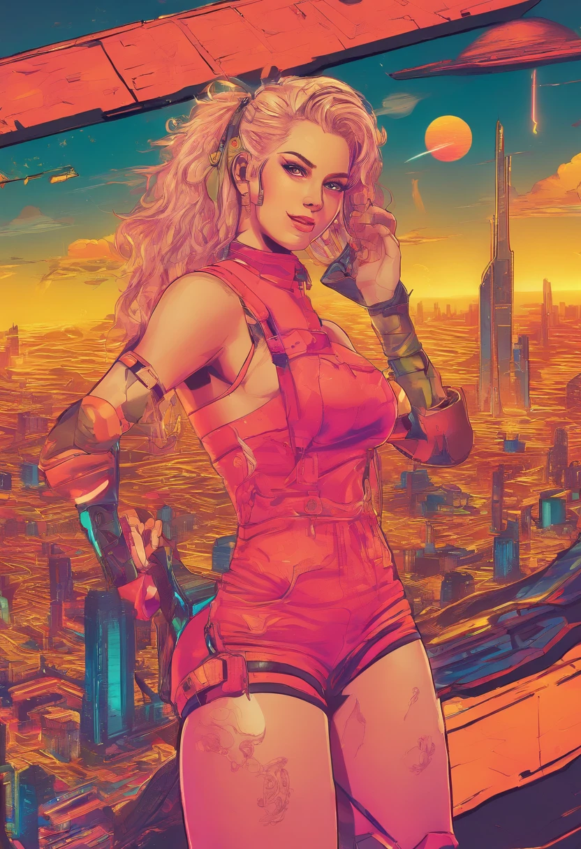1 girl 15 years old wears a top and mini skirt, und Hohe Stiefel ihre Haare sind Lang und Blond, gorgeous smile big, Hintergrund  Wolken  Sonne, Futuristische Stadt  Cyberpunk, UHD, masterpiece, anatomically correct, textured skin, super detail, high details, high quality, best quality, highres, 8k