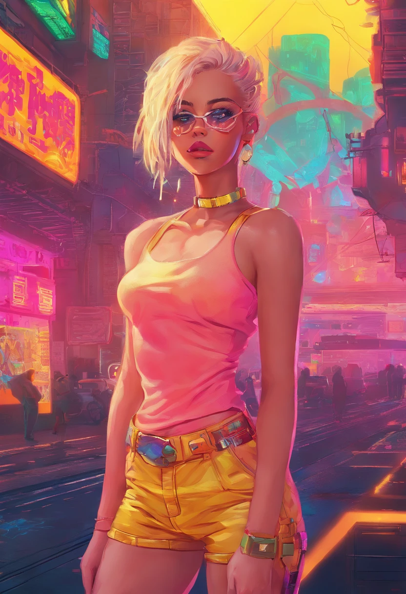 1 girl 15 years old wears a top and mini skirt, und Hohe Stiefel ihre Haare sind Lang und Blond, gorgeous smile big, Hintergrund  Wolken  Sonne, Futuristische Stadt  Cyberpunk, UHD, masterpiece, anatomically correct, textured skin, super detail, high details, high quality, best quality, highres, 8k