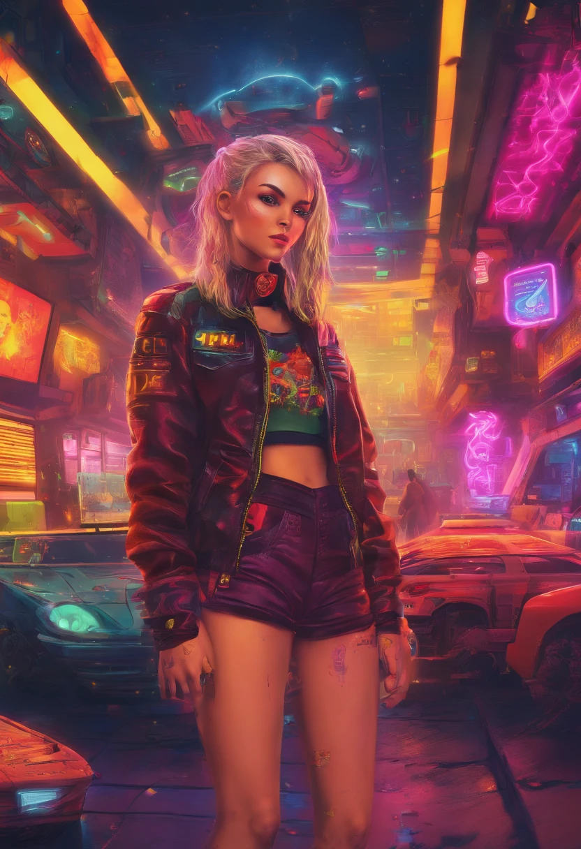 1 girl 15 years old wears a top and mini skirt, und Hohe Stiefel ihre Haare sind Lang und Blond, gorgeous smile big, Hintergrund  Wolken  Sonne, Futuristische Stadt  Cyberpunk, UHD, masterpiece, anatomically correct, textured skin, super detail, high details, high quality, best quality, highres, 8k