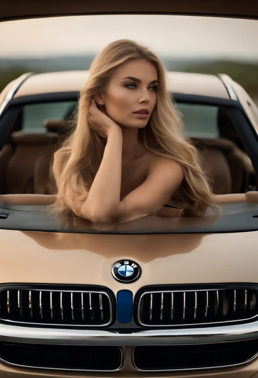 professional, (4k photo:1.1) by (Jeremy Lipking:0.3), (Dittmann Anna:0.3), (Arian Mark:0.3), (Sharp focus:1.3), high detail, wearing (tight shirt:1.2), beautiful detailed face, hazel eyes, long blonde hair, (attractive young woman:1.3), (seductive:1.1), (blushing:1.1), hourglass body shape, small round breasts, wide hips, in bmw 7 series car
