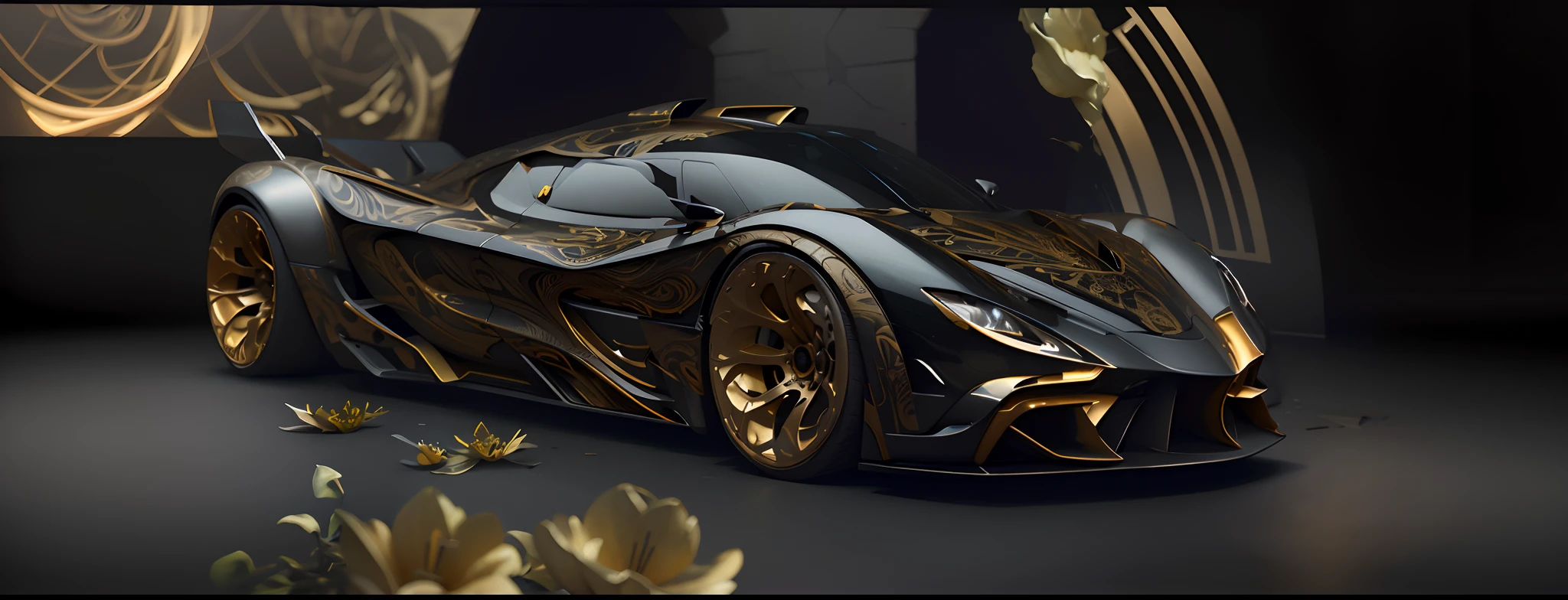 Photo realistic future supercar design by Leonardo DaVinci, Masterpiece, Scandinavian Design, low styling with starry headlights in black and gold patterns with lilies, side view portrait, 20k resolution concept art portrait by Leonardo DaVinci, Artgerm, WLOP, Alphonse Mucha, Giuseppe Arcimboldo, intricate details, highly detailed;, dynamic lighting hyperdetailed intricately detailed, filagree, DaVinci knots, Splash art trending on Artstation triadic colors Unreal Engine 5 volumetric lighting, whole car intertwined body panels, overlay, car photography