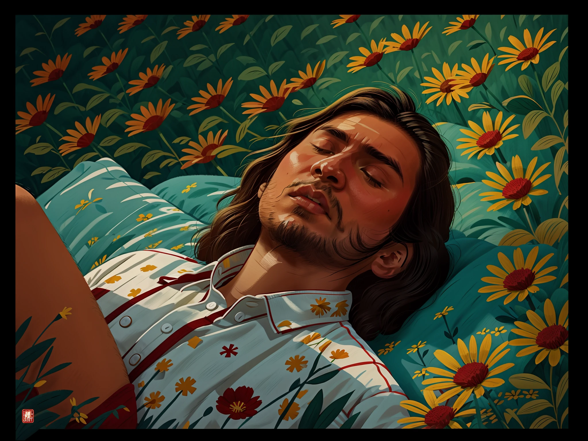a close up of a man laying on a bed of flowers, still frame from a movie, lying on a bed of daisies, scene from kagemusha, flowers growing out of his body, still from l'estate, movie screencap, akira kurosawa, eraserhead, still from film, 1950s korean film noir, opening scene