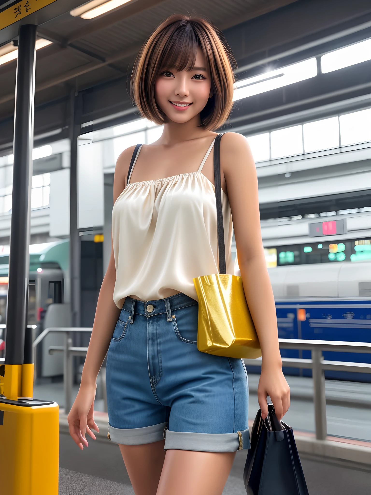 product quality, 1 girl, a cowboy shot, front view, a Japanese young pretty girl, bob hair, carrying a tote bag over her shoulder, glamorous figure, wearing a satin yellow camisole, wearing short pants, waiting a train on a platform in a crowded station with a big smile, hyper cute face, glossy lips, double eyelids for both eyes, natural makeup, shiny smooth light brown bob hair, asymmetrical bangs, tanned skin, central image, high resolution, high detailing, detailed hairstyle, detailed face, cinematic lighting, octane rendering, vibrant, hyper realisitic, perfect limbs, perfect anatomy