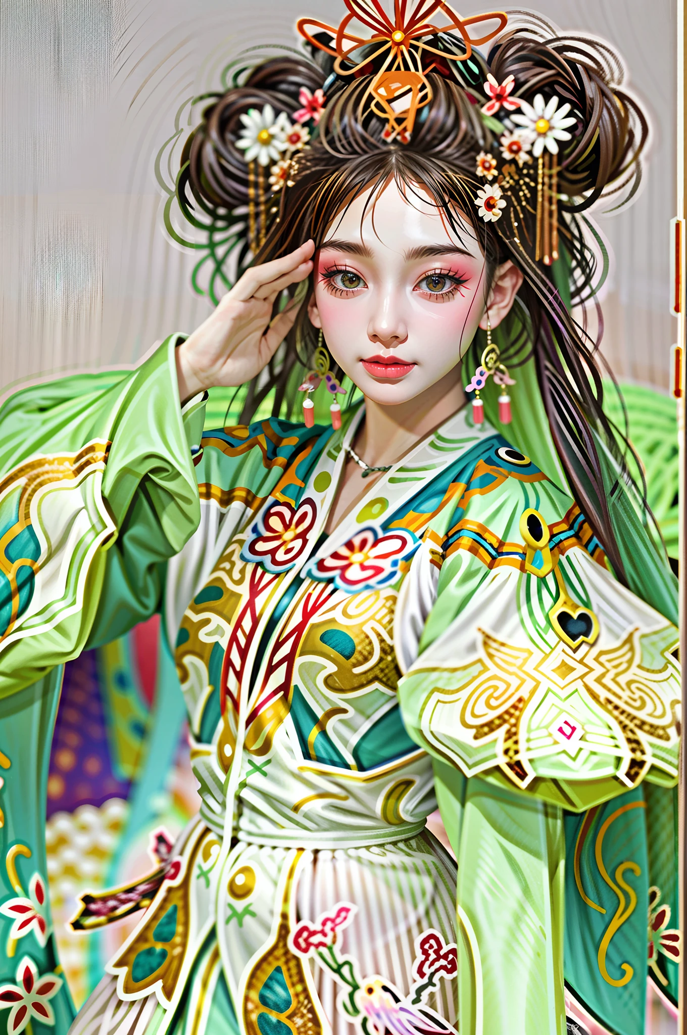 1girll， wearing a costume，Peking Opera performance，独奏， looking at viewert， （Young cute and beautiful 18 year old girl：1.4）， 3D 脸， beuaty girl， beauitful face， prette，xifu，upperbody closeup，Facebook