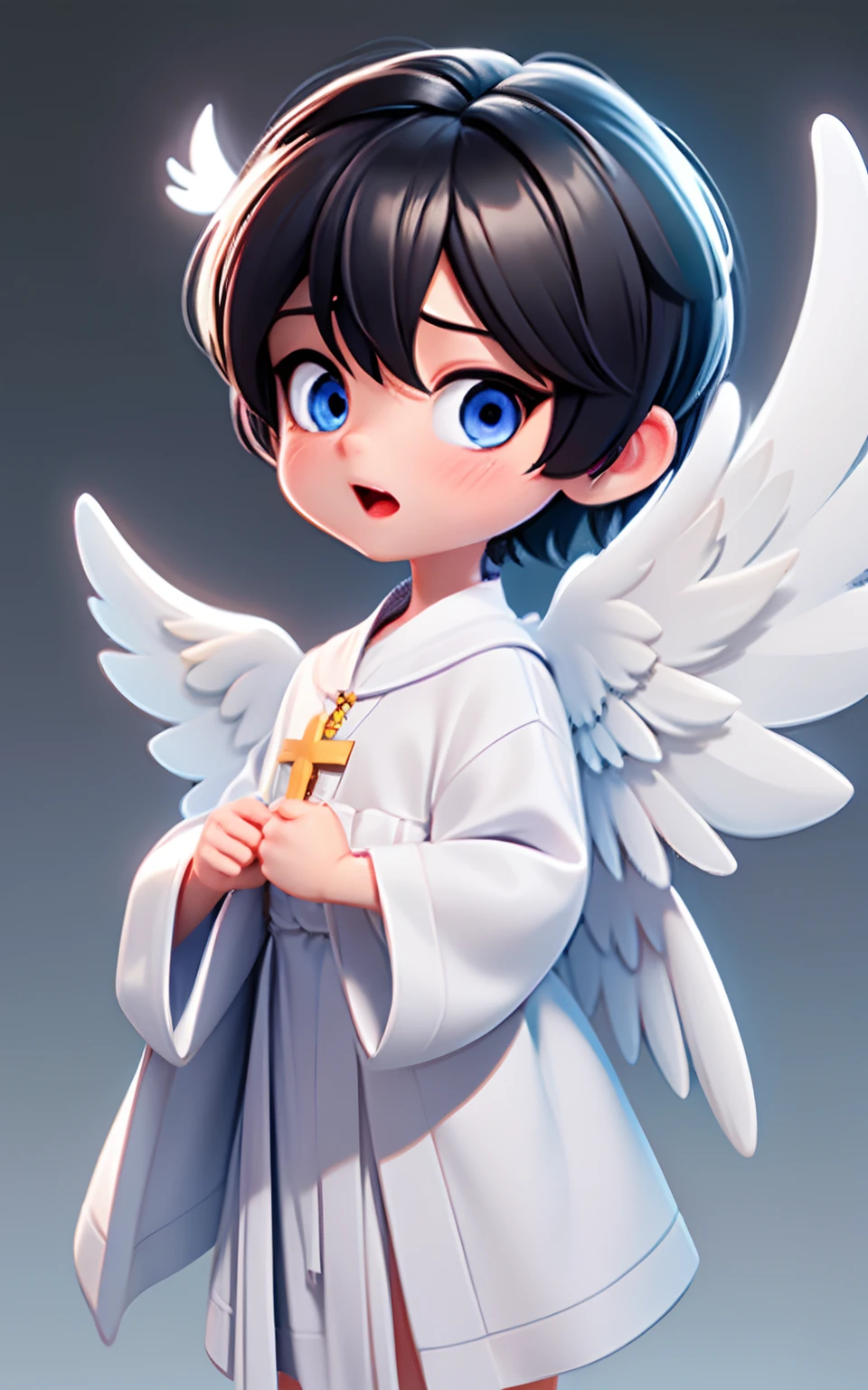 top-quality, 8K, ultra-detailliert, Pixar, 1 boy, Angelic appearance, (Short-haired black hair:1.5), Eyes are blue, Yancha Face, (With keen eyes:1.5), (Bad eyes:1.5), Laughing with open mouth, Bad character, (Little white angel wings:1.5), Wearing a cross necklace, Angelic white robes, 独奏, Bangs, male people, Upper body