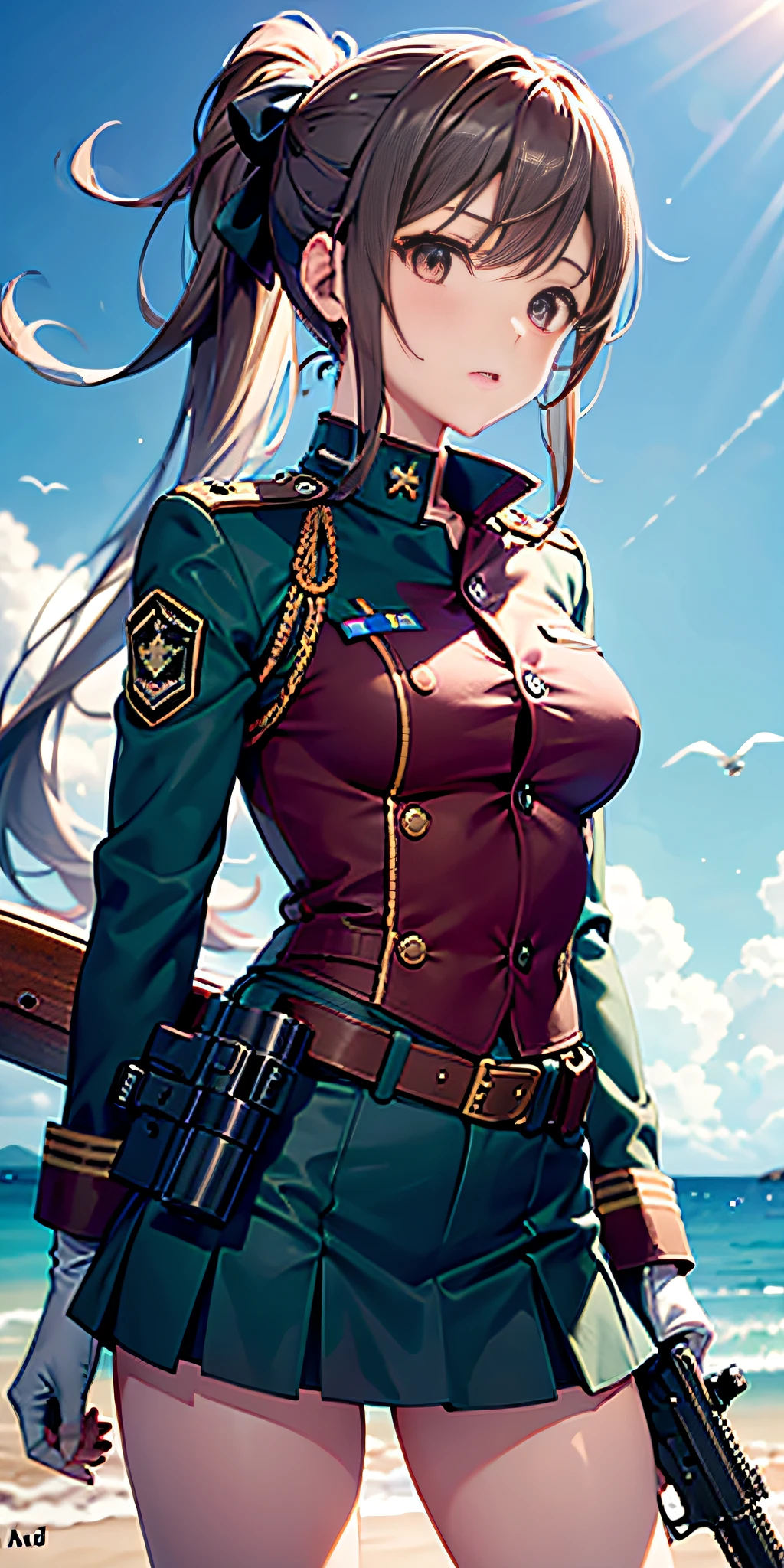 score_5_up, score_6_up, score_7_up, source_anime,
1girl, solo, salute, wearing (uniform, ascot, gloves, cap), long hair, drill hair, large breasts, covered nipples, mountainous_horizon, sky