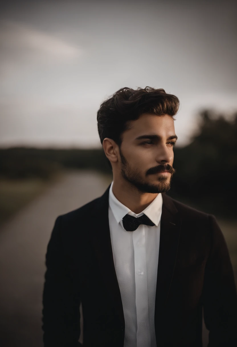 homem jovem, branco, com cabelos pretos lisos, sem barba ou bigode,  1,80 de altura, 70 kilos, usando um terno e gravata