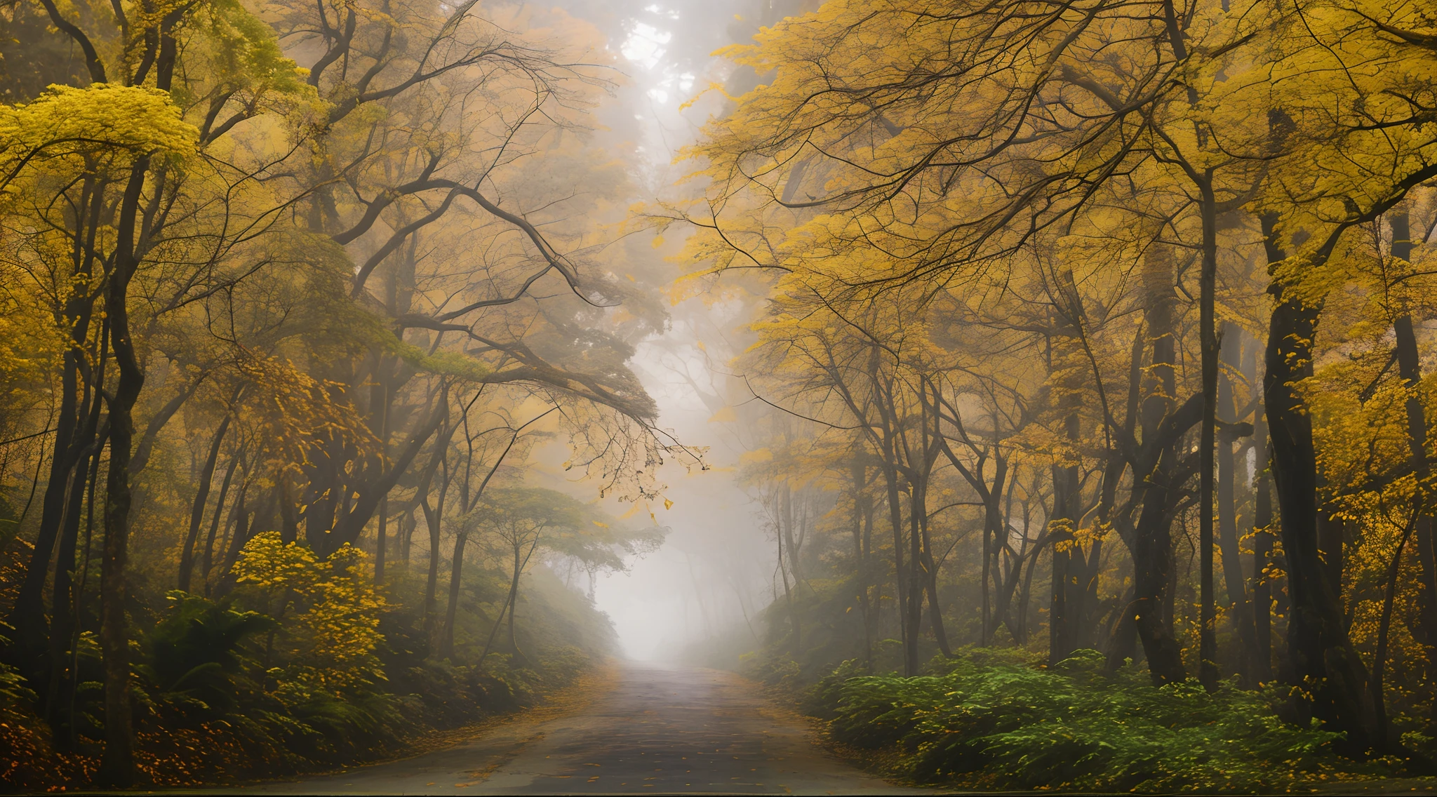 There is a road that is surrounded by trees with yellow leaves, yellow volumetric fog, ouro vibrante, mas sombrio, yellow mist, nevoeiro colorido brilhante, floresta de outono, tranquilidade de outono, floresta nebulosa, na floresta de outono, magic mist, Floresta enevoada, beautiful forests and trees, caminho da floresta, Um belo caminho em uma floresta, cores de outono silenciadas, madeira enevoada bonita, Muitos detalhes, qualidade superior, Full HD, Realista