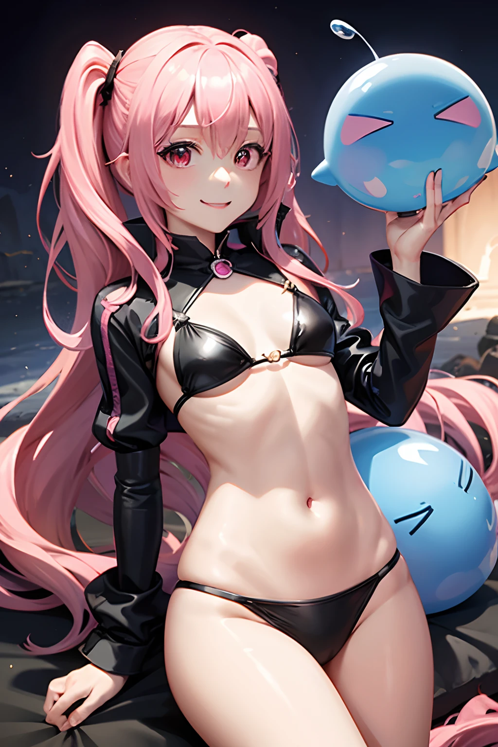 1female、When I was reincarnated, I was a slime character(Mirim)、masterpiece、top-quality、precise、animesque、Demon King Mirim、A pink-haired、Twin-tailed、Black Bikini Armor、small tits、a smile、