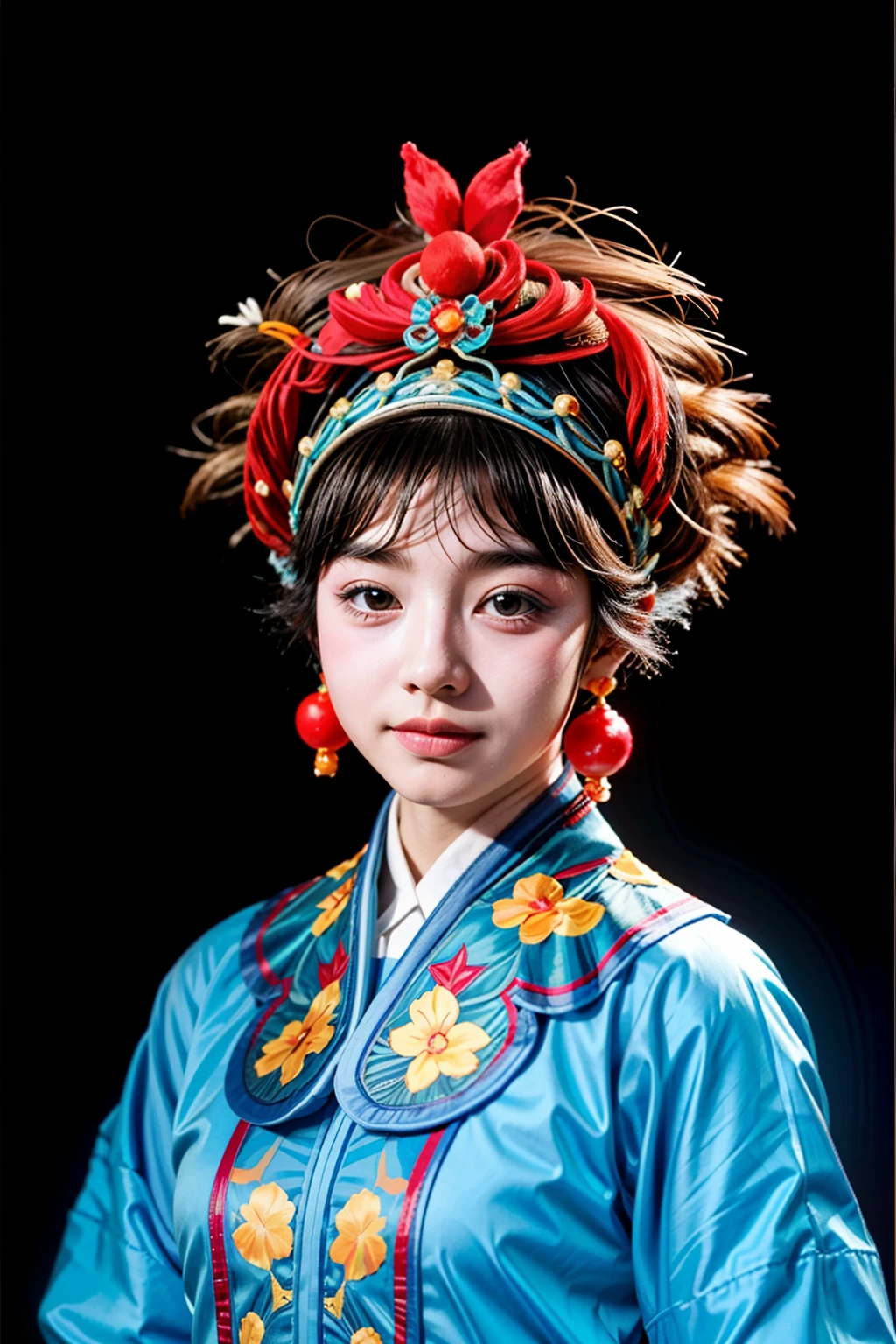 1girll, Solo, , photo-realistic, Ultra detailed,（Peking Opera Half Noodles：1.2） 1 girl, CNOperaCrown, From the front side, view the viewer, Peking Opera costumes,headdress,,(young cute beautiful 18-year-old girl:1.4),  Flat bangs