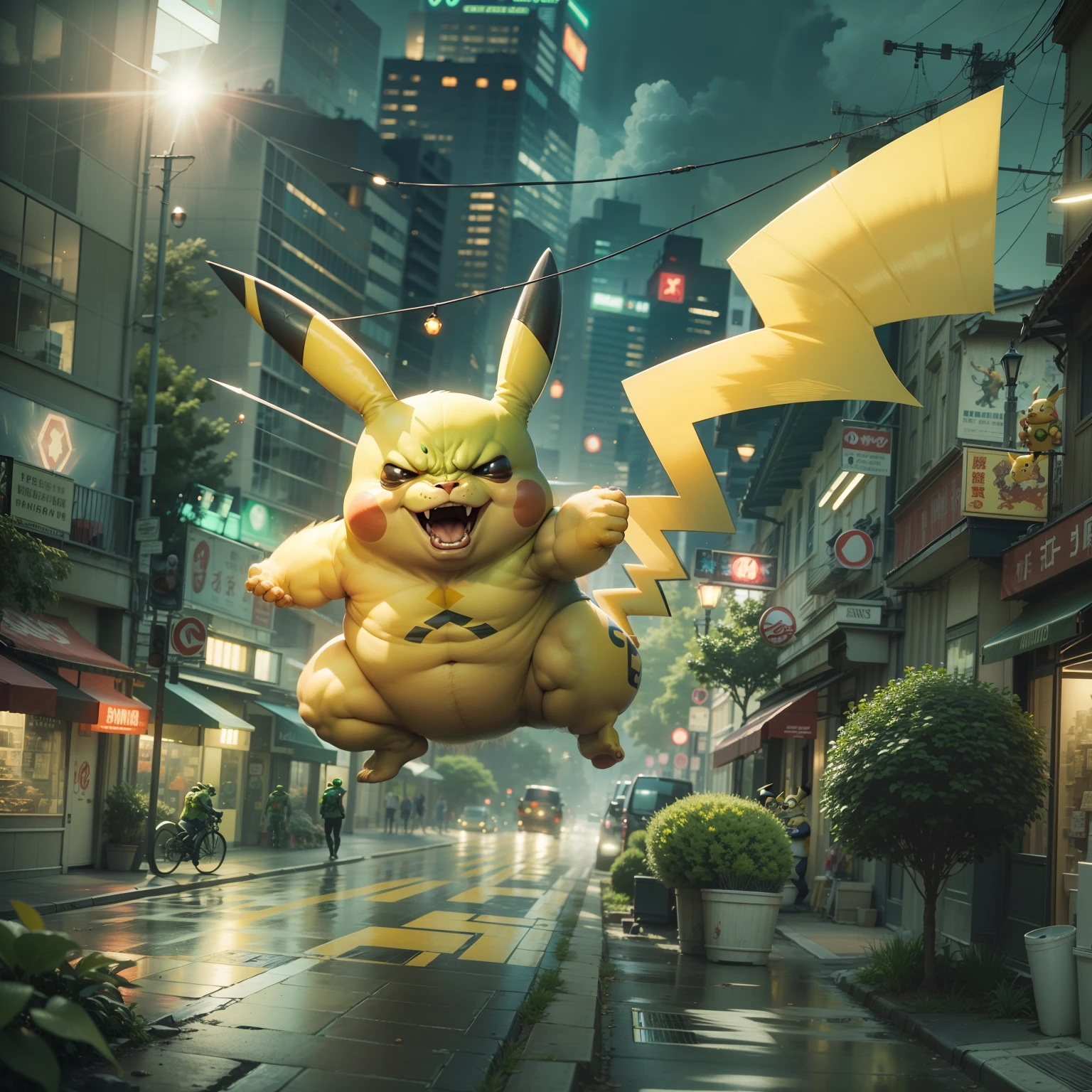 A giant Pikachu rampaging in the real world、Airan man、Giant Monsters、Hulk、In the street、llight rays、100,000 volts、Hulk VS Pikachu、high-level image quality、hiquality、realistic、