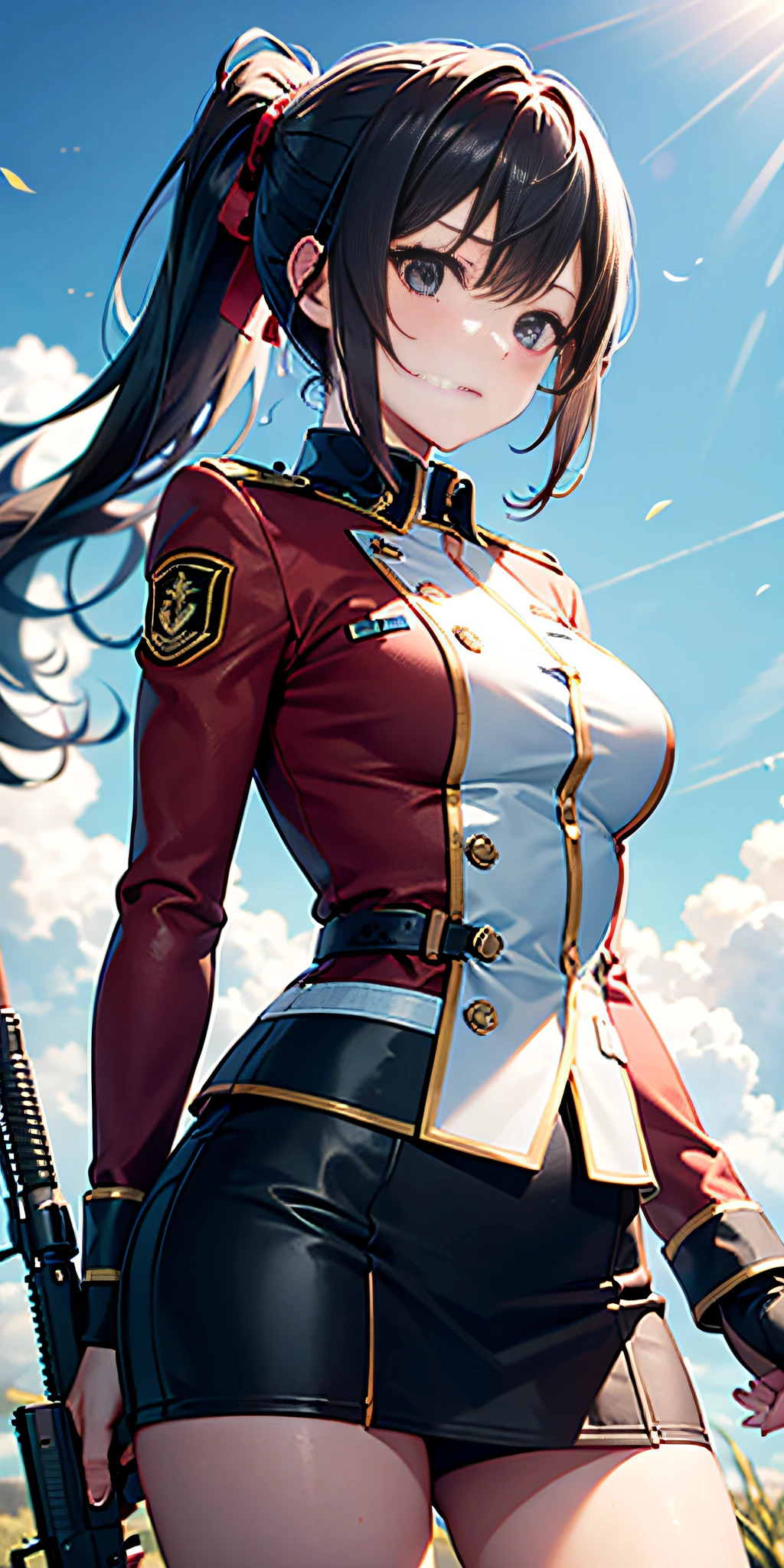 only 1 girl, folded_ponytail, guantes, pistola, militar, nano_miniskirt de mitad de largo en military_uniform, rifle, cielo, solo, upper_body, arma mirando al espectador, obra maestra, mejor calidad,