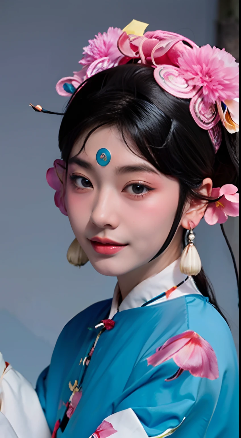 8K, RAW photo, Best quality, Masterpiece, Realistic, photo-realistic, Ultra detailed,（Peking Opera Half Noodles：1.2）
1 girl,  CNOperaCrown,  From the front side, view the viewer, Peking Opera costumes,headdress, (((CNOperaFlag))), Mark from behind, Holding,  Upper body, nipple tassels,Portrait, Simple background, Smile, Mouth closed, Flowers,Small breasts,Slim,Thin,Small head,Small face