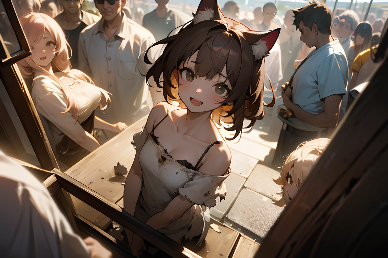 ((chibi)), solo, long brown hair, animal ears, cat tail, flat chest, nude, nipples, heavy blush, pussy juice, post apocalyptic setting, outside, ruins, cinematic lighting, volume lighting, bright tone, warm color, colorful, masterpiece, super detail, high quality, best quality, highres, 16k,