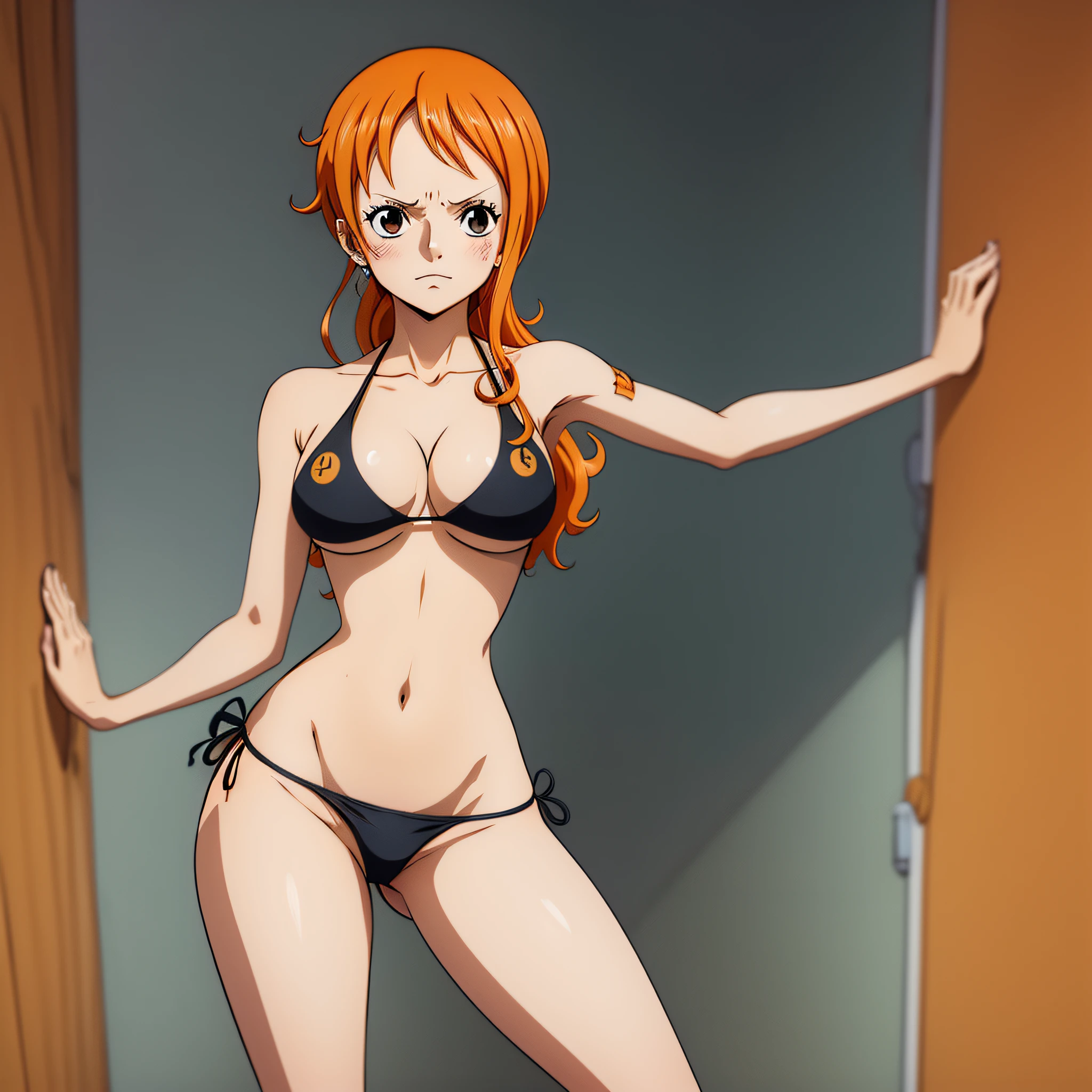 Generate a image of Nami from One piece, brown eyes, orange hair, blush facial expression, standing,  wearing 
Black thong bikini, lifting hands up, wall background, (NSFW), (ANIME ART STYLE),