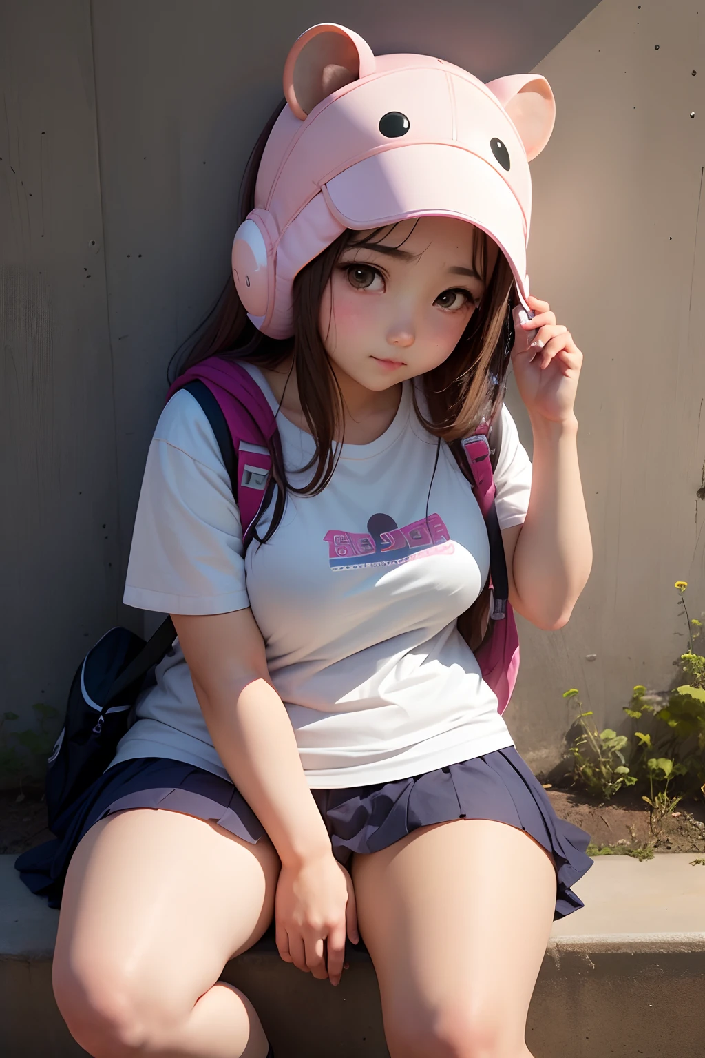 Hamster headgear、female high-school student、kawaii、Thick、Muchimuchi、Plump、Sitting leaning against the wall、Open legs、Love juice is dripping