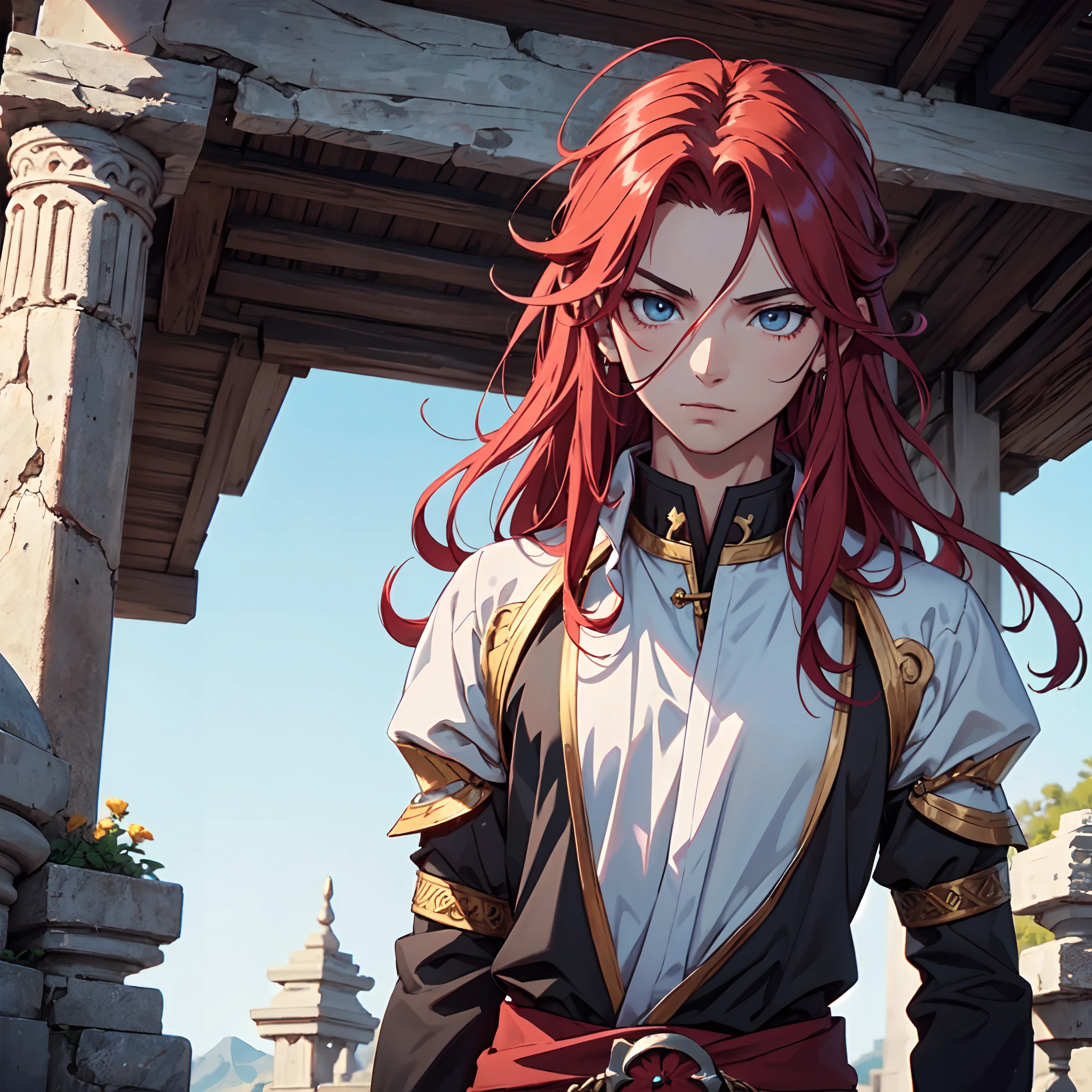 Ultra High Definition, Ultra High Quality, Extremely Detailed, Perfectly Detailed, Masterpiece, 8k, 1 Boy, Look A Like Xin From Kingdom Anime, Handsome, Equipped With Royal Knight Armor, Solid Light Blue Eyes, Long Red Hair, Body Shot, Ancient Kingdom Background