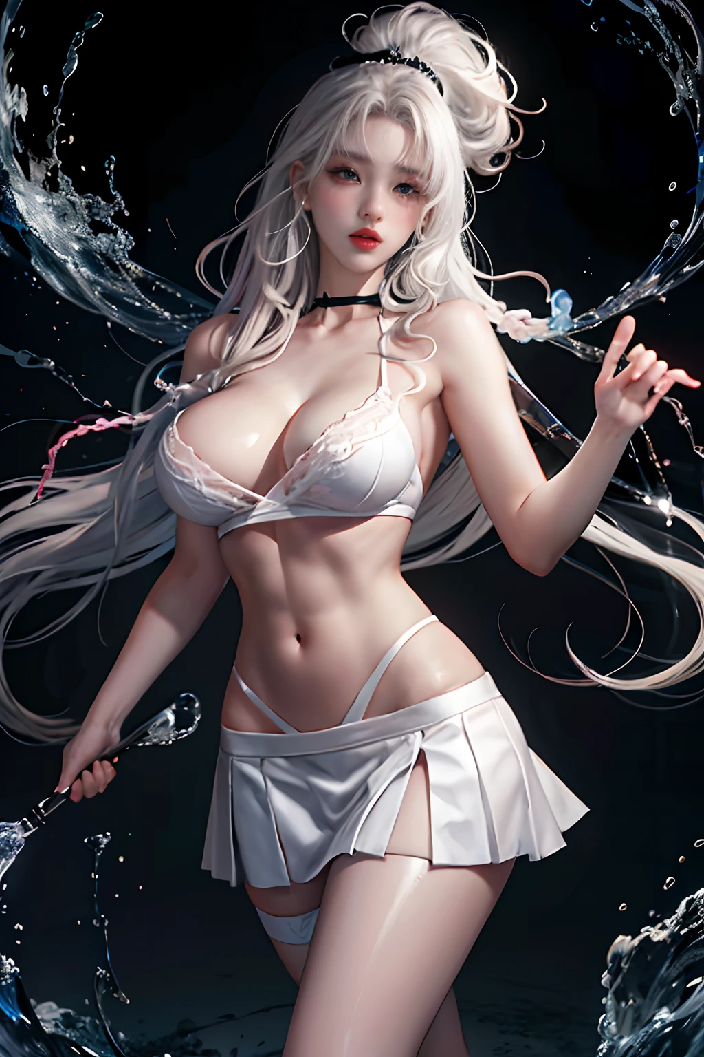 realisticlying，A high resolution，1个Giant Breast Girl，White wavy curls，korean people，Heterochromic eyes，Loose white shirt，black micro skirt，long leges，Tight abs，Sexual lip biting，standing on your feet，